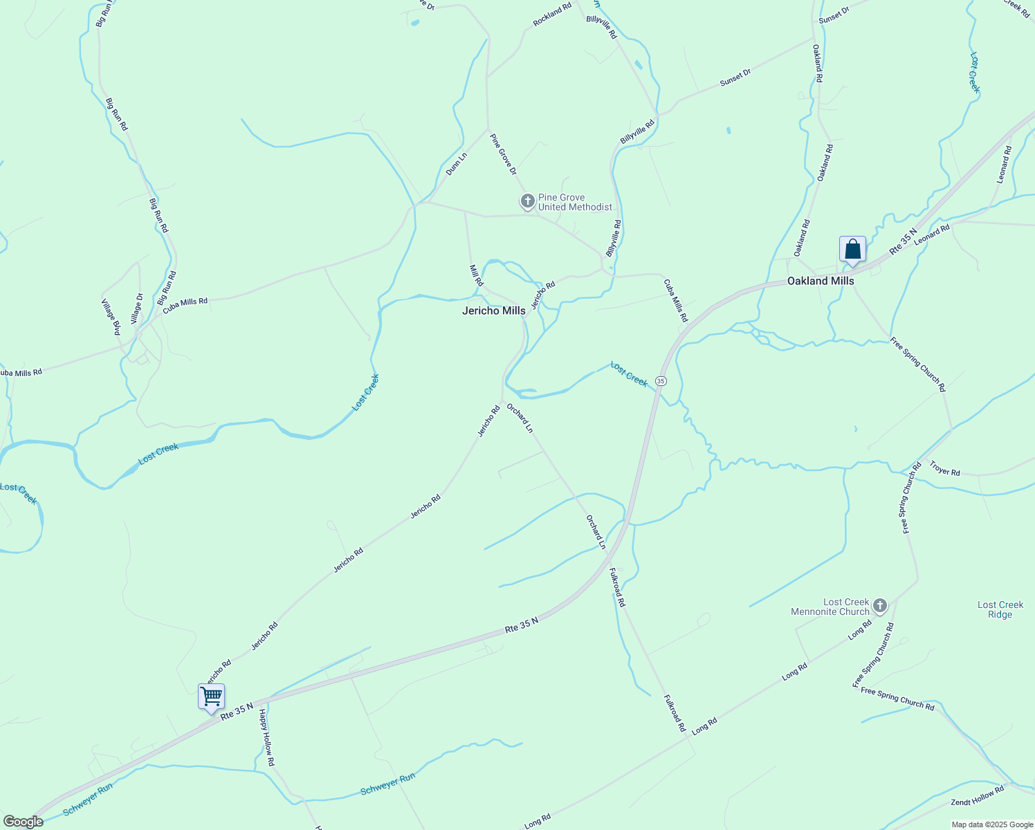 map of restaurants, bars, coffee shops, grocery stores, and more near 551 Orchard Lane in Mifflintown