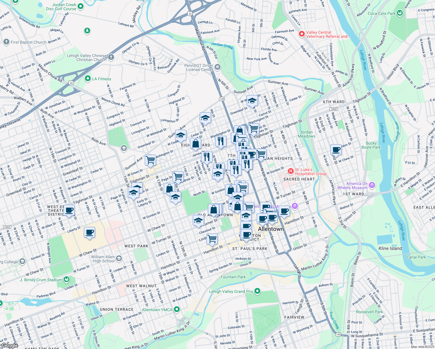 map of restaurants, bars, coffee shops, grocery stores, and more near 512-514 North 9th Street in Allentown