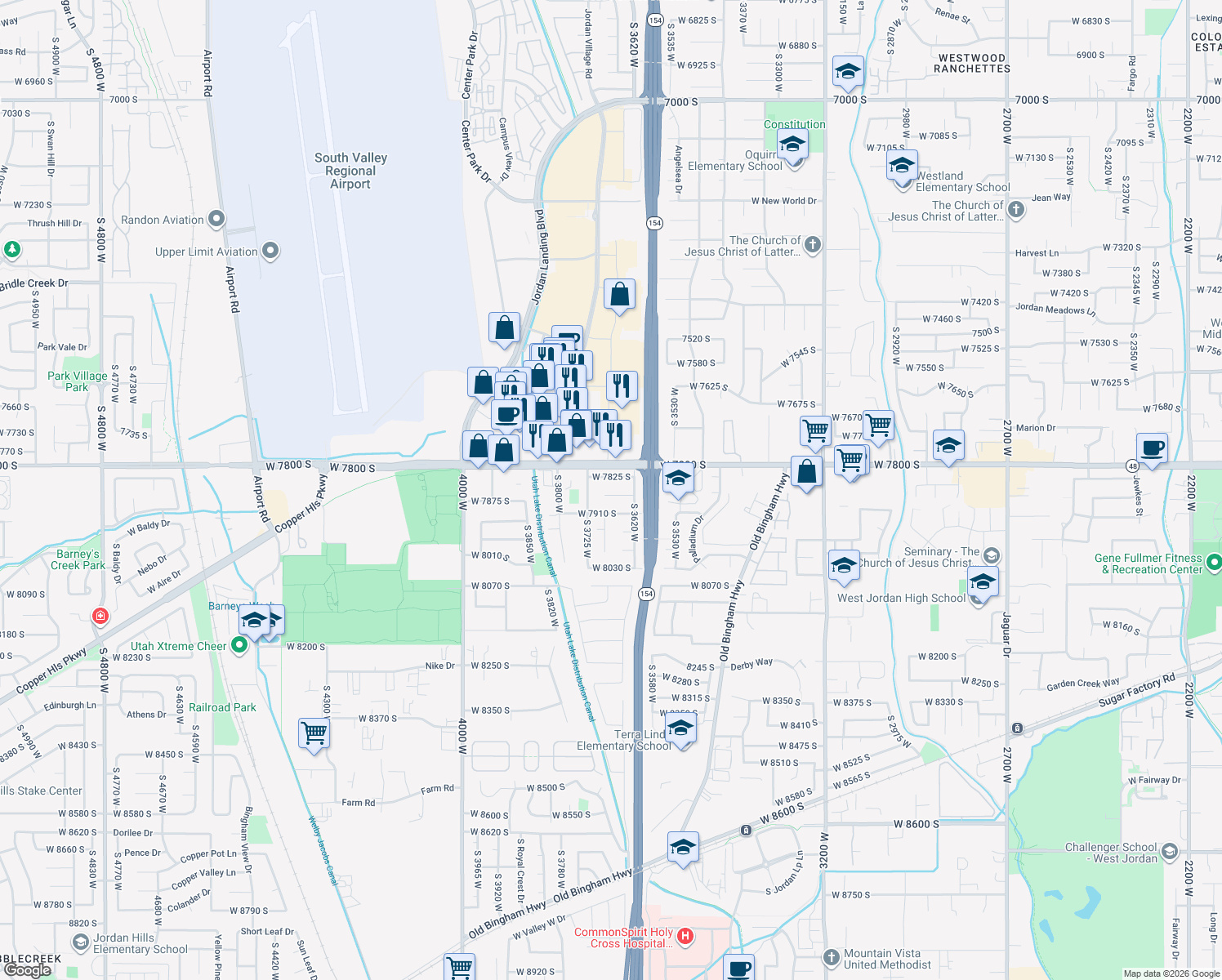 map of restaurants, bars, coffee shops, grocery stores, and more near 3668 West 7865 South in West Jordan