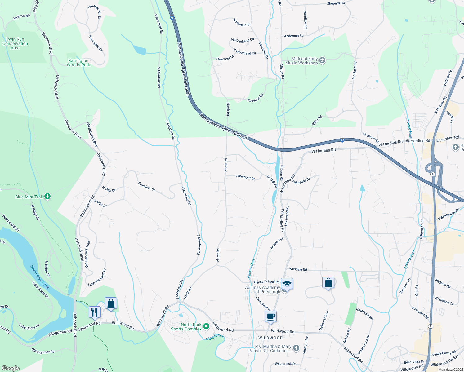 map of restaurants, bars, coffee shops, grocery stores, and more near 5112 Hardt Road in Gibsonia