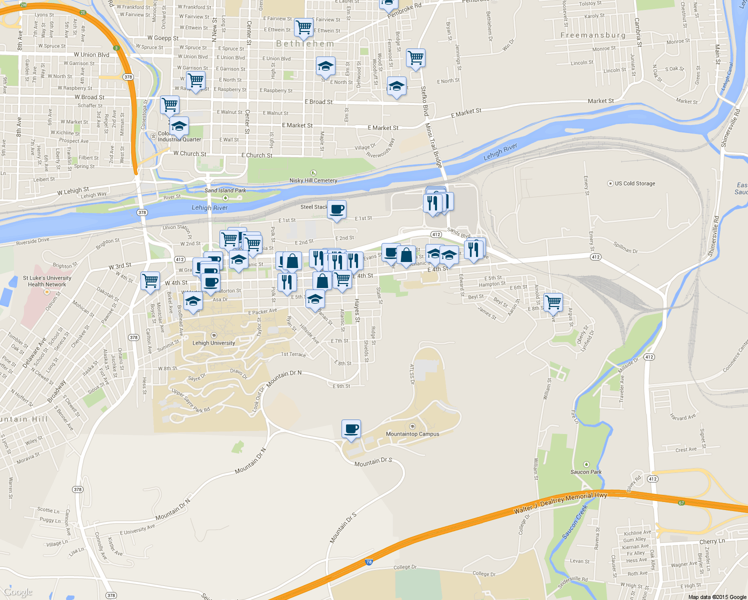 map of restaurants, bars, coffee shops, grocery stores, and more near 937 Laufer Street in Bethlehem