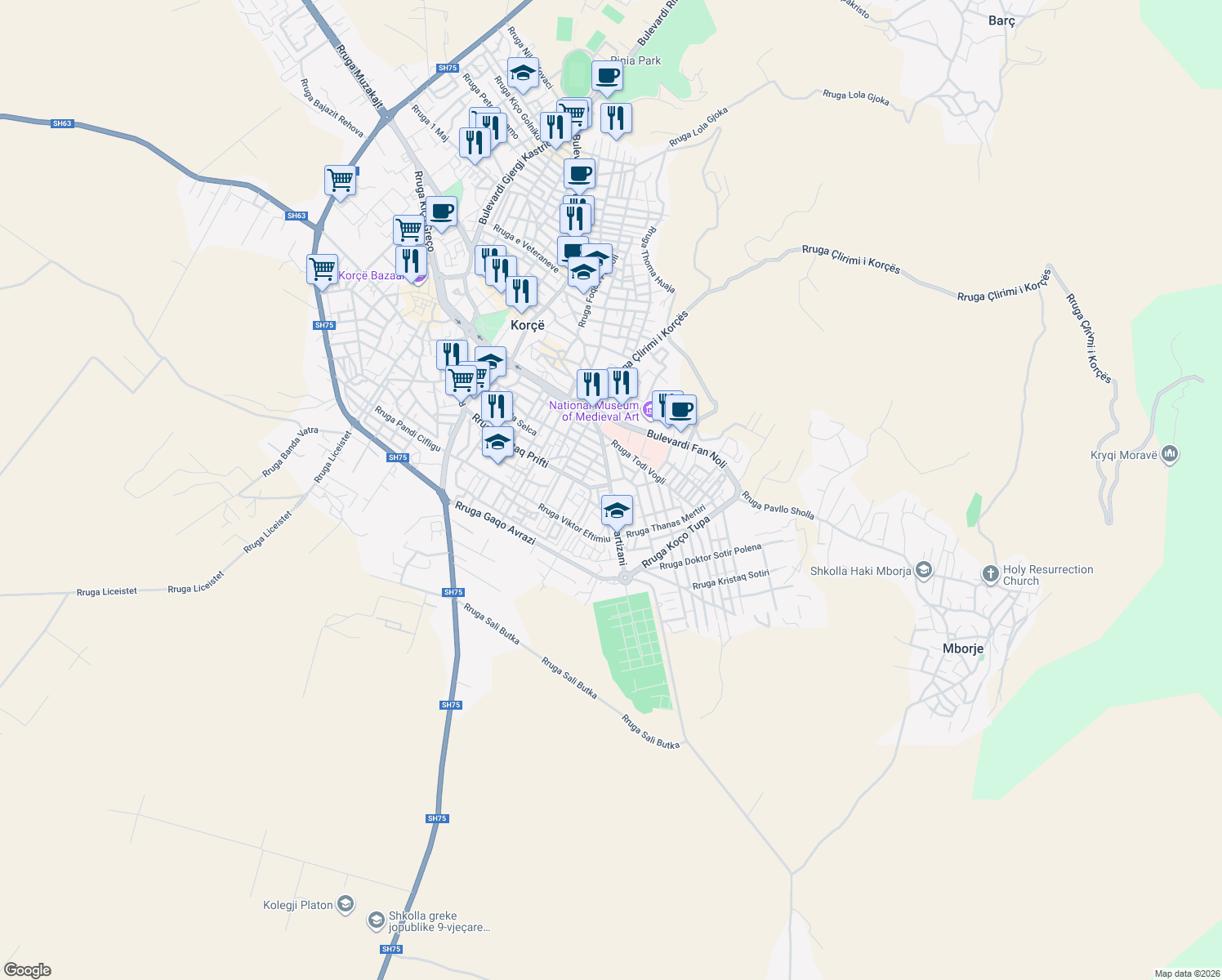 map of restaurants, bars, coffee shops, grocery stores, and more near Rruga Partizani in Korçë
