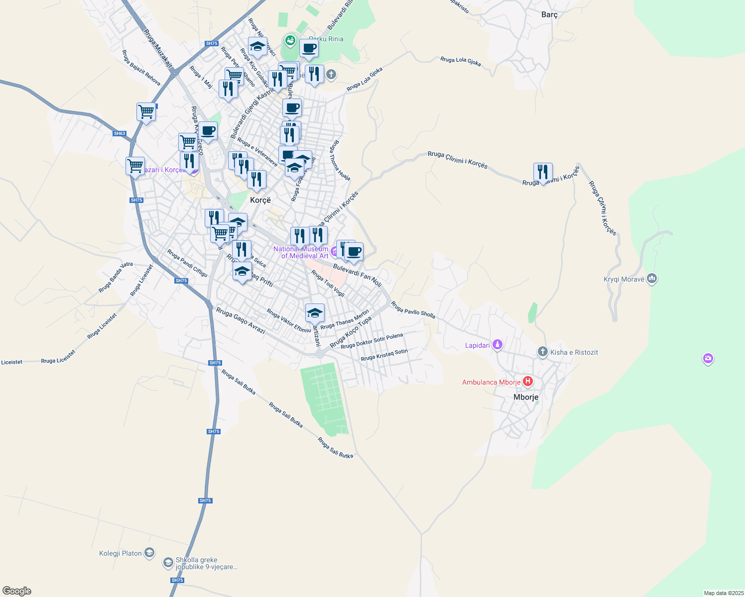 map of restaurants, bars, coffee shops, grocery stores, and more near Rruga Minir Mustafaj in Korçë