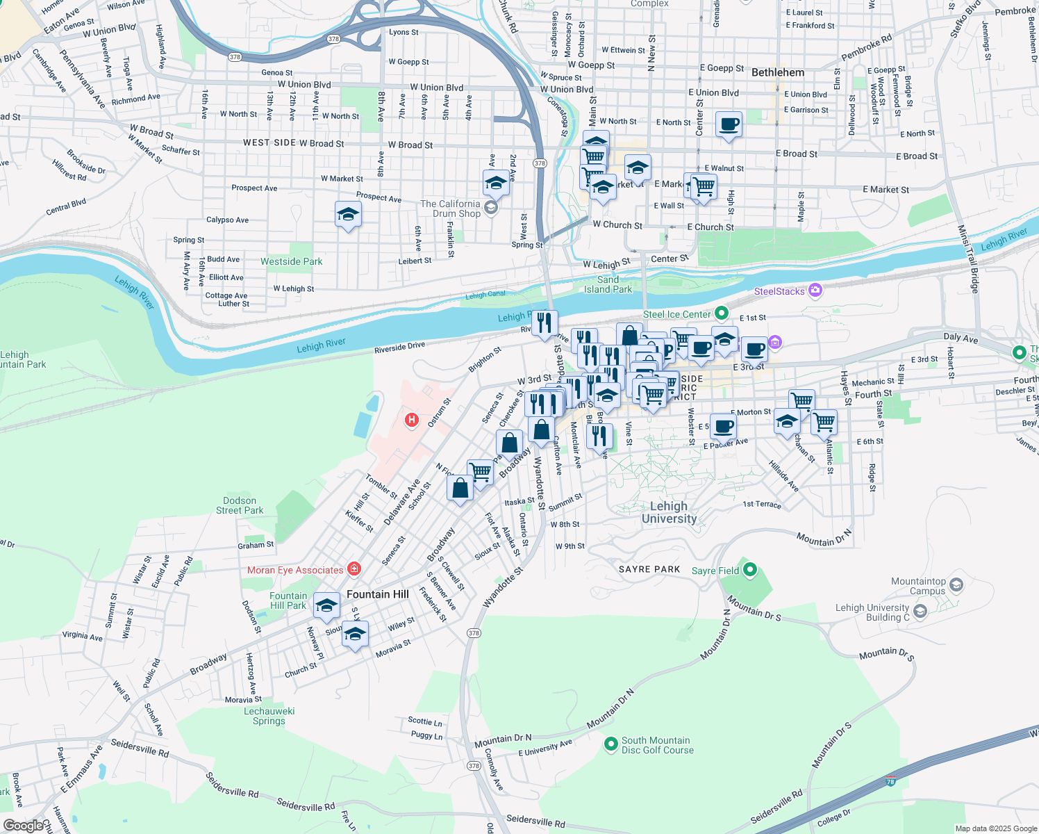 map of restaurants, bars, coffee shops, grocery stores, and more near 436 Pawnee Street in Bethlehem