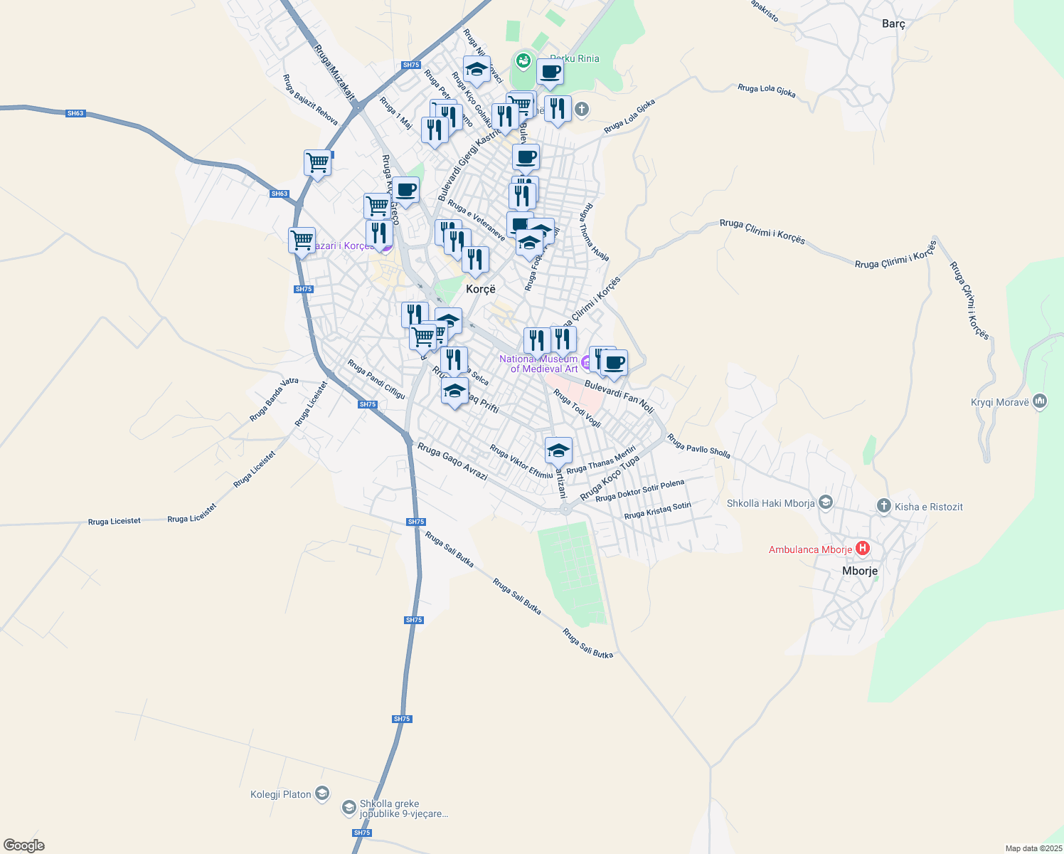 map of restaurants, bars, coffee shops, grocery stores, and more near Rruga Kristaq Prifti in Korçë