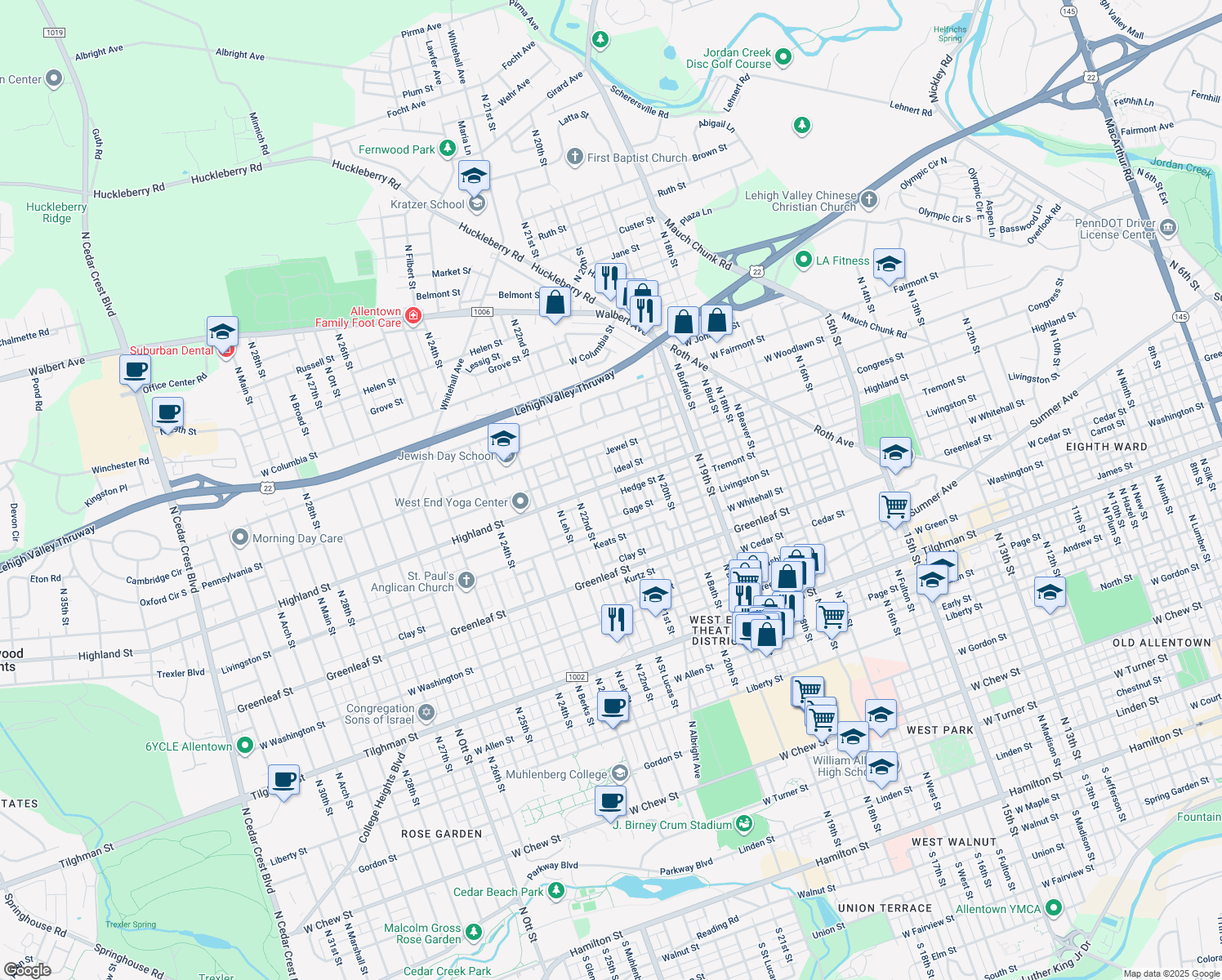map of restaurants, bars, coffee shops, grocery stores, and more near 2110 West Highland Street in Allentown