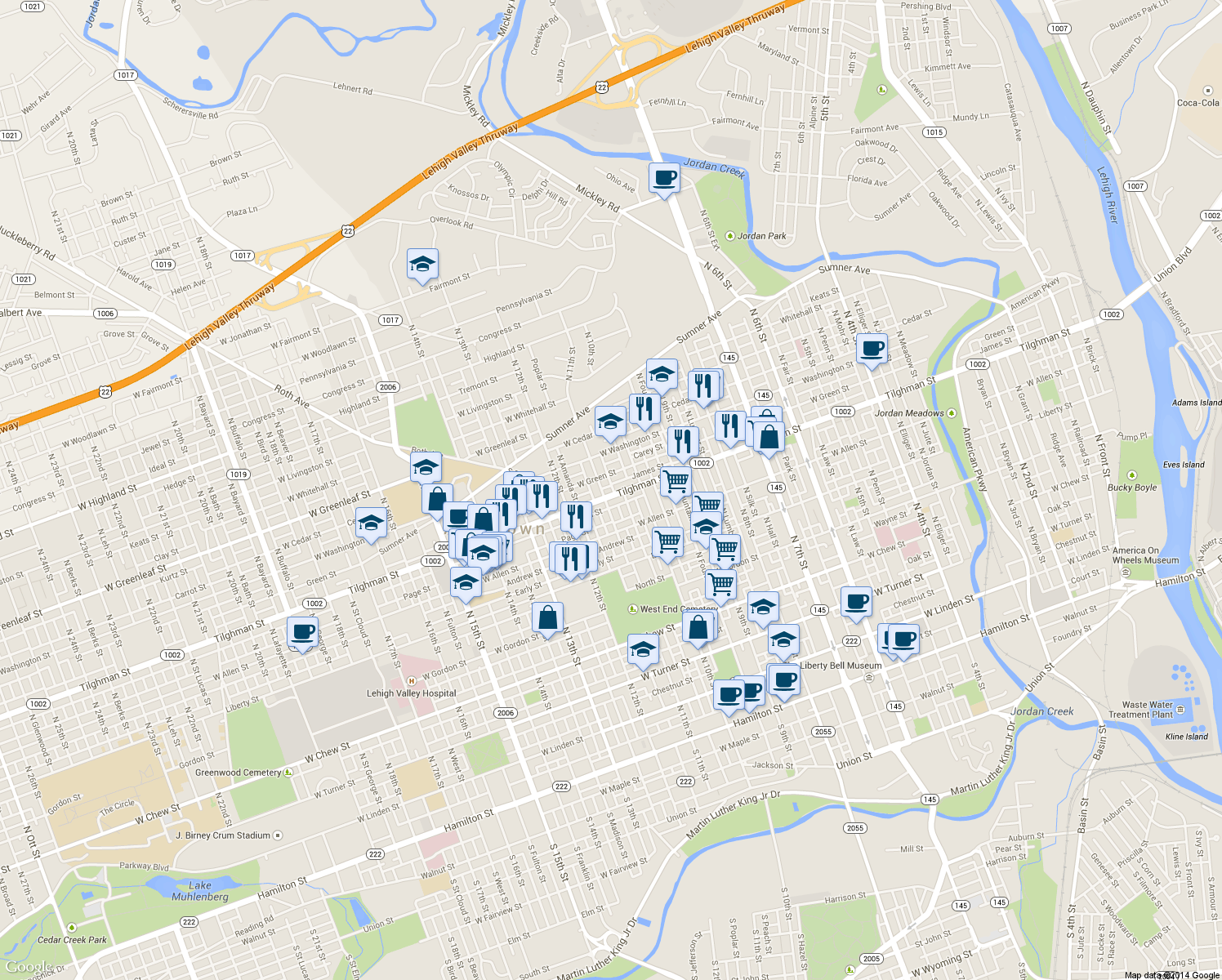 map of restaurants, bars, coffee shops, grocery stores, and more near 1039 West Tilghman Street in Allentown