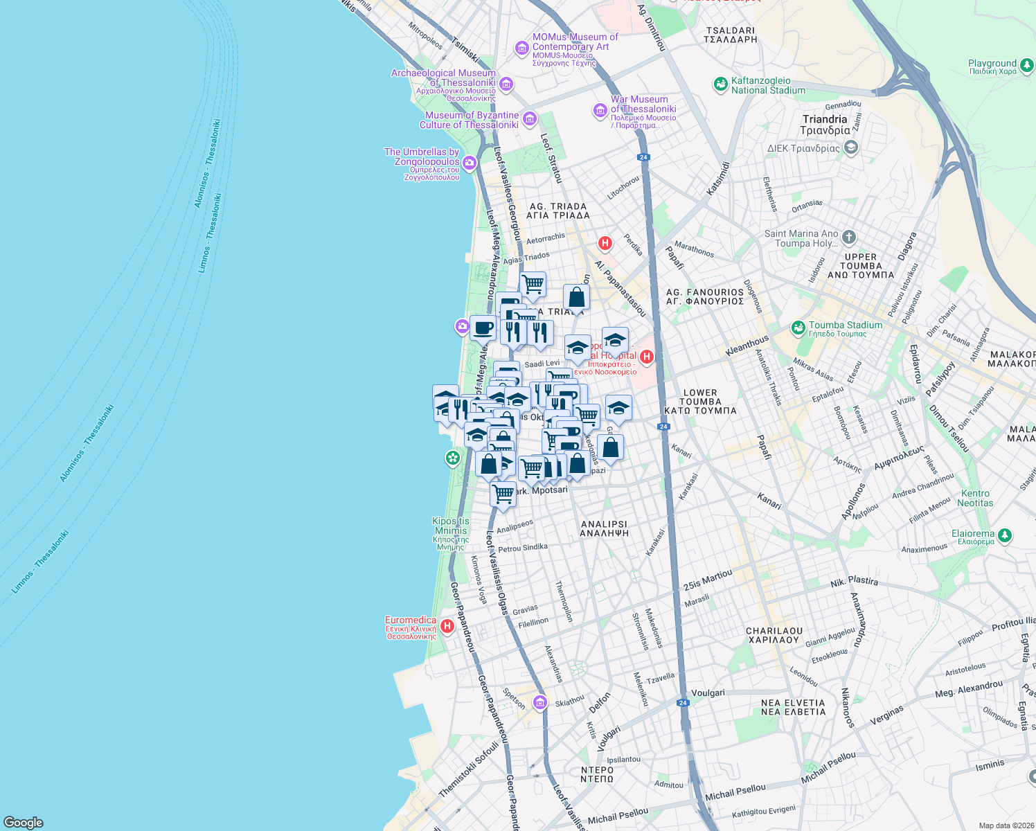 map of restaurants, bars, coffee shops, grocery stores, and more near in Thessaloniki
