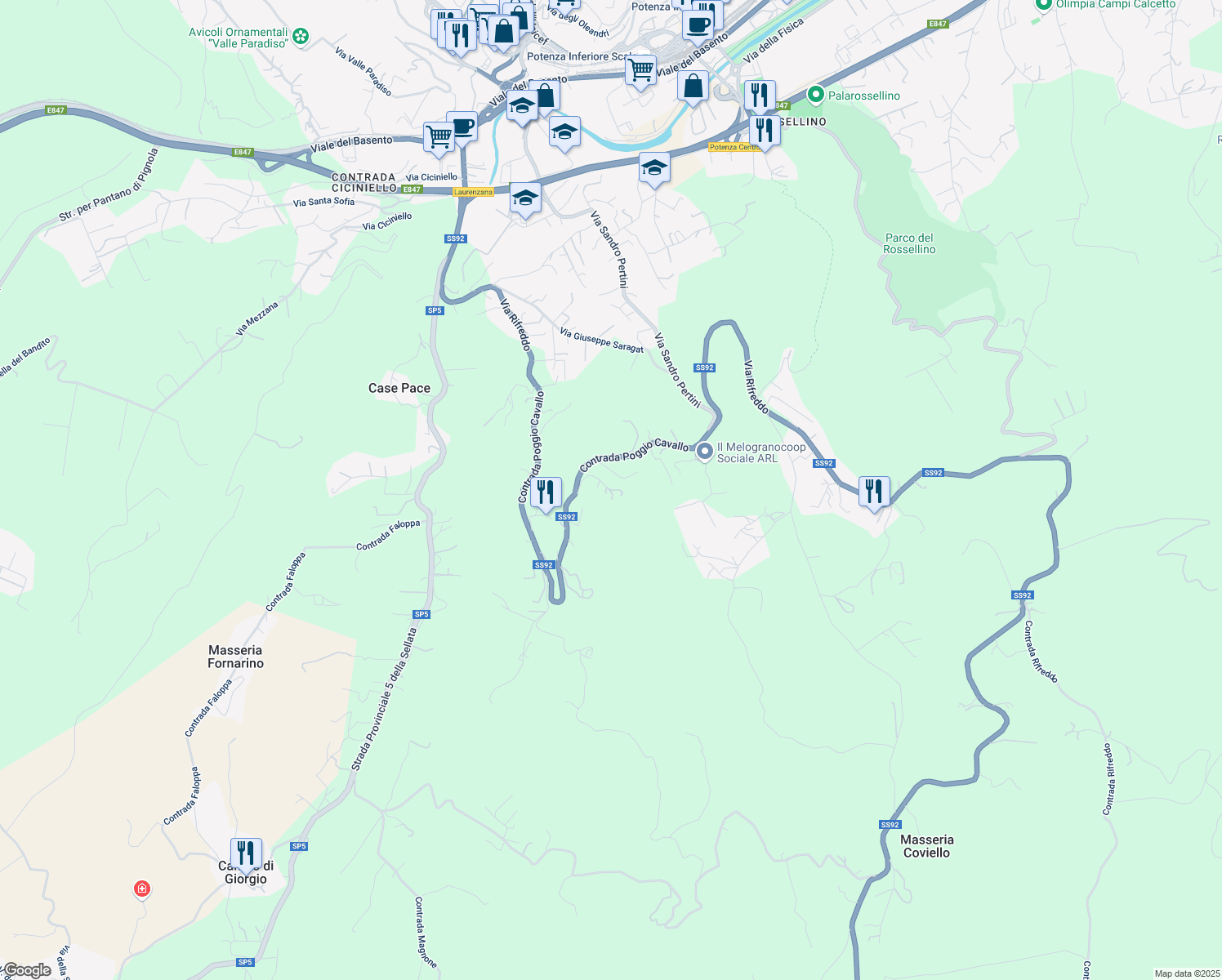 map of restaurants, bars, coffee shops, grocery stores, and more near 300 Via Rifreddo in Provincia di Potenza