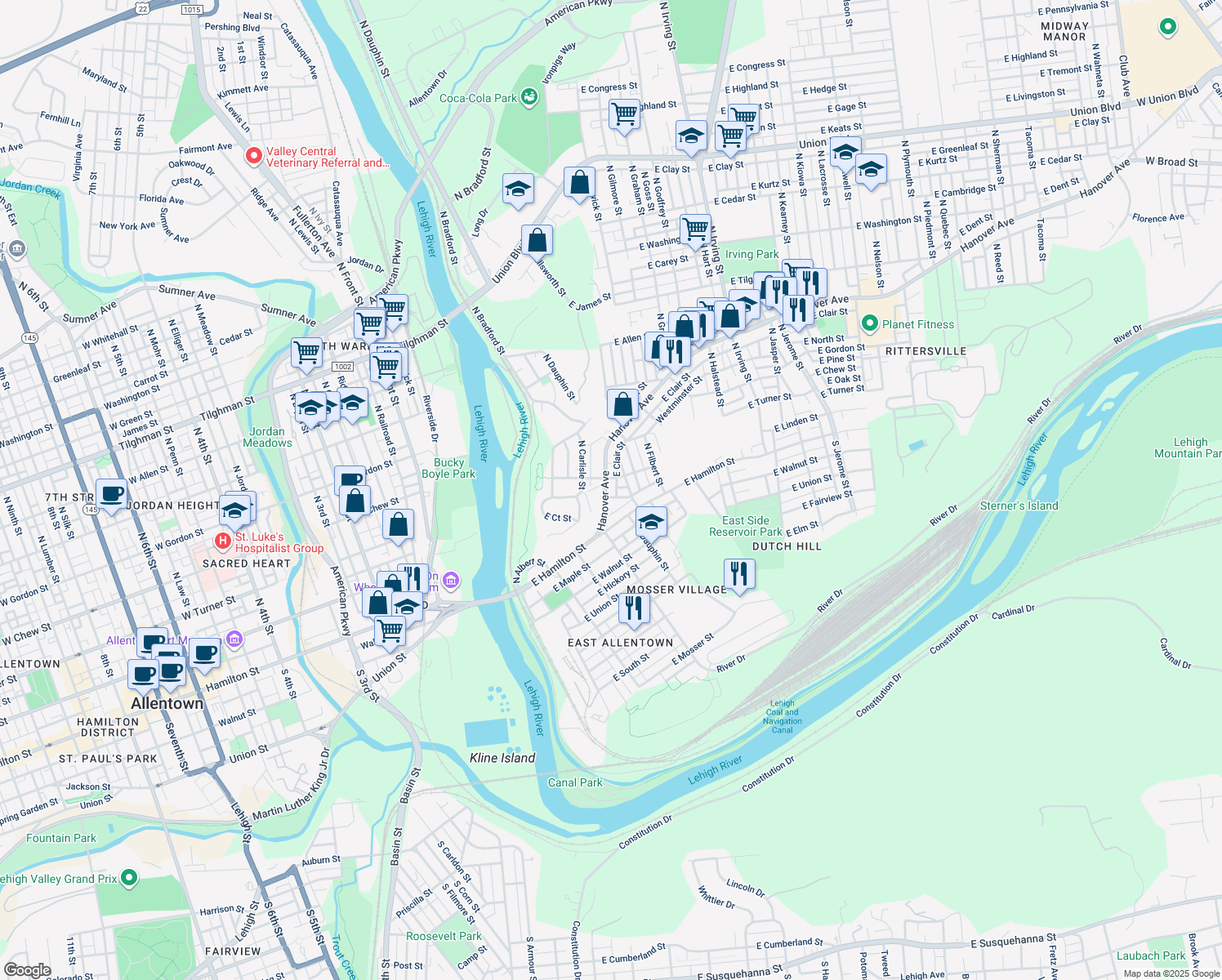 map of restaurants, bars, coffee shops, grocery stores, and more near 348 Hanover Ave in Allentown