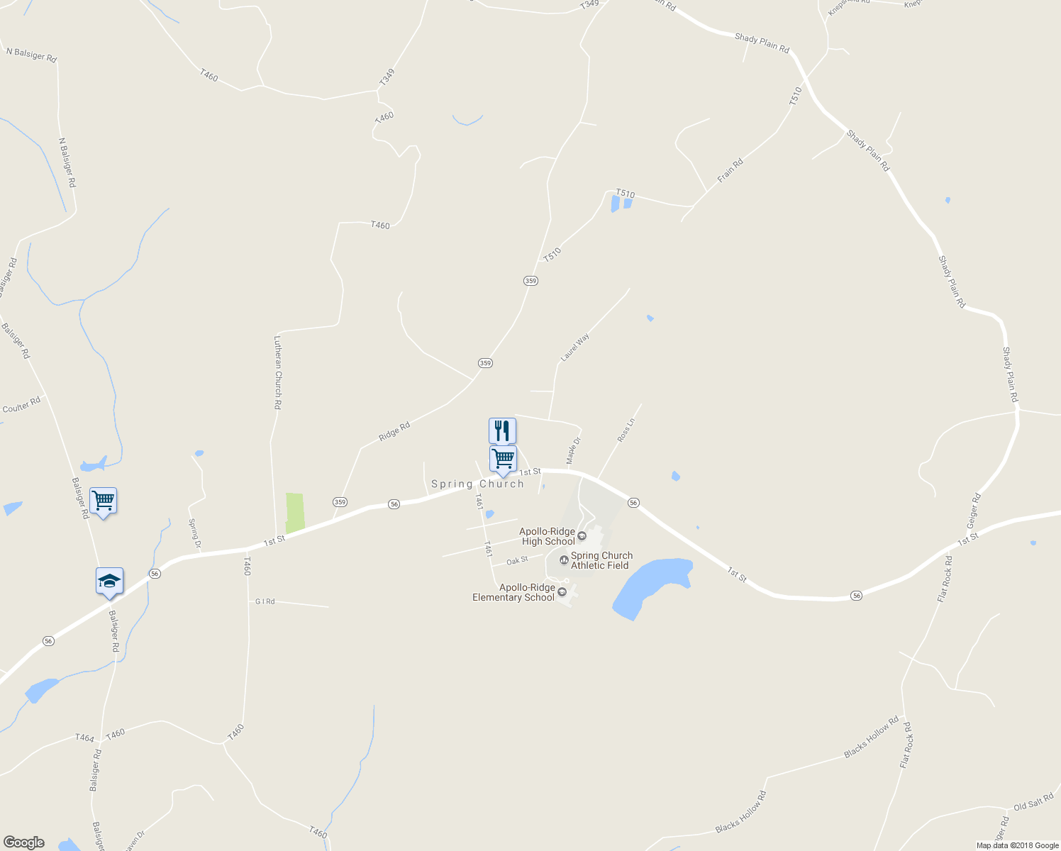 map of restaurants, bars, coffee shops, grocery stores, and more near 139 Maple Drive in Spring Church