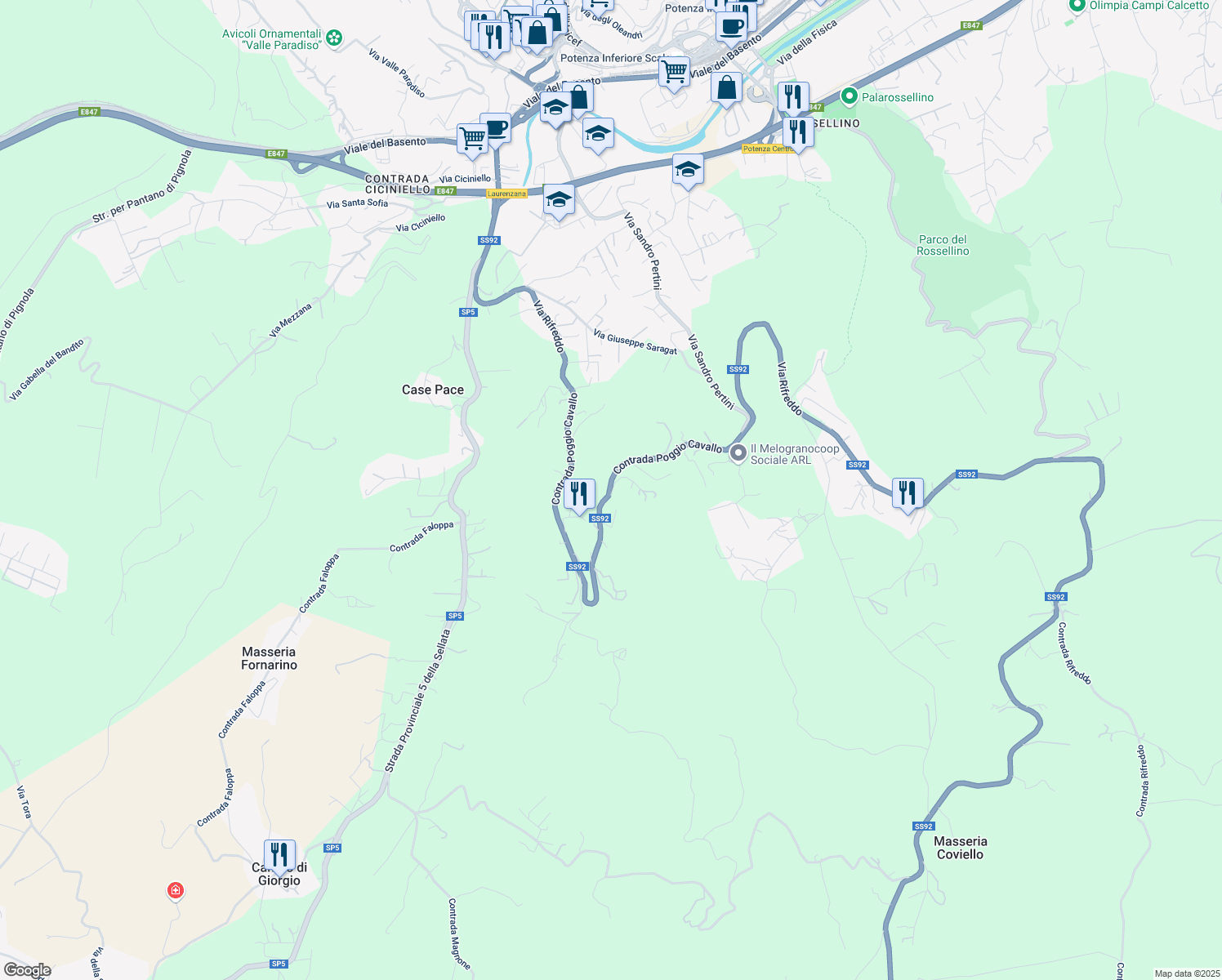 map of restaurants, bars, coffee shops, grocery stores, and more near 300 Via Rifreddo in Provincia di Potenza