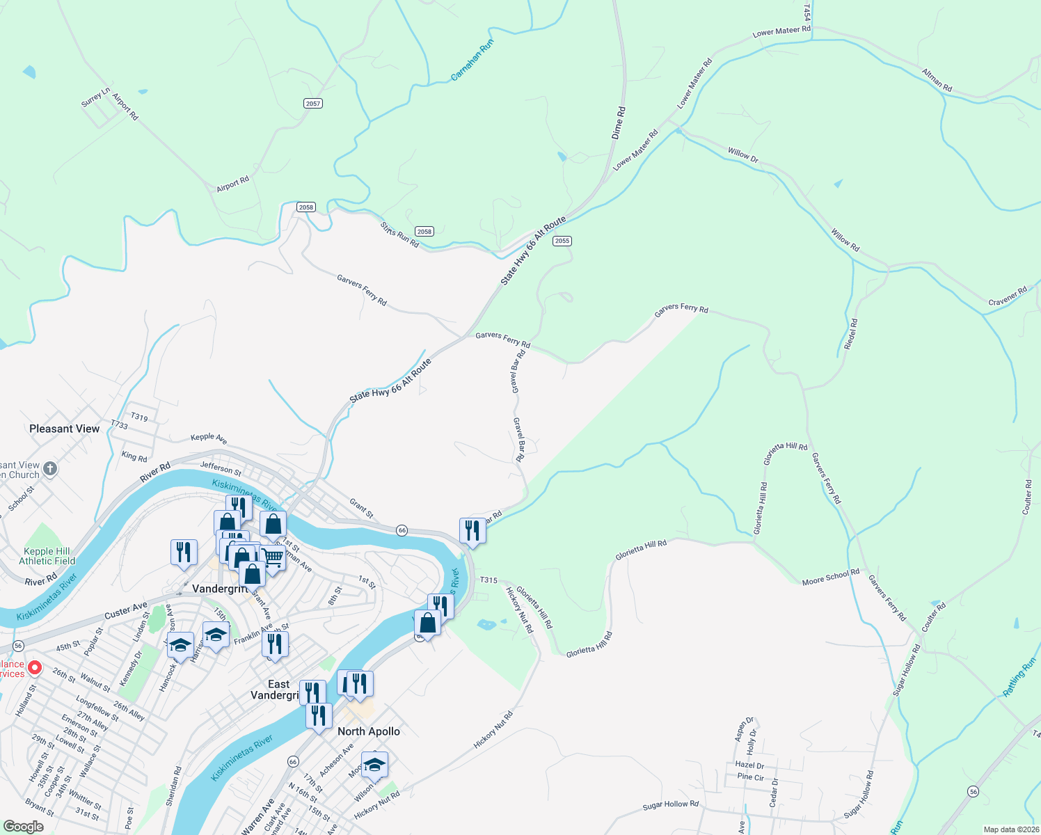 map of restaurants, bars, coffee shops, grocery stores, and more near 1212 Gravel Bar Rd in Vandergrift