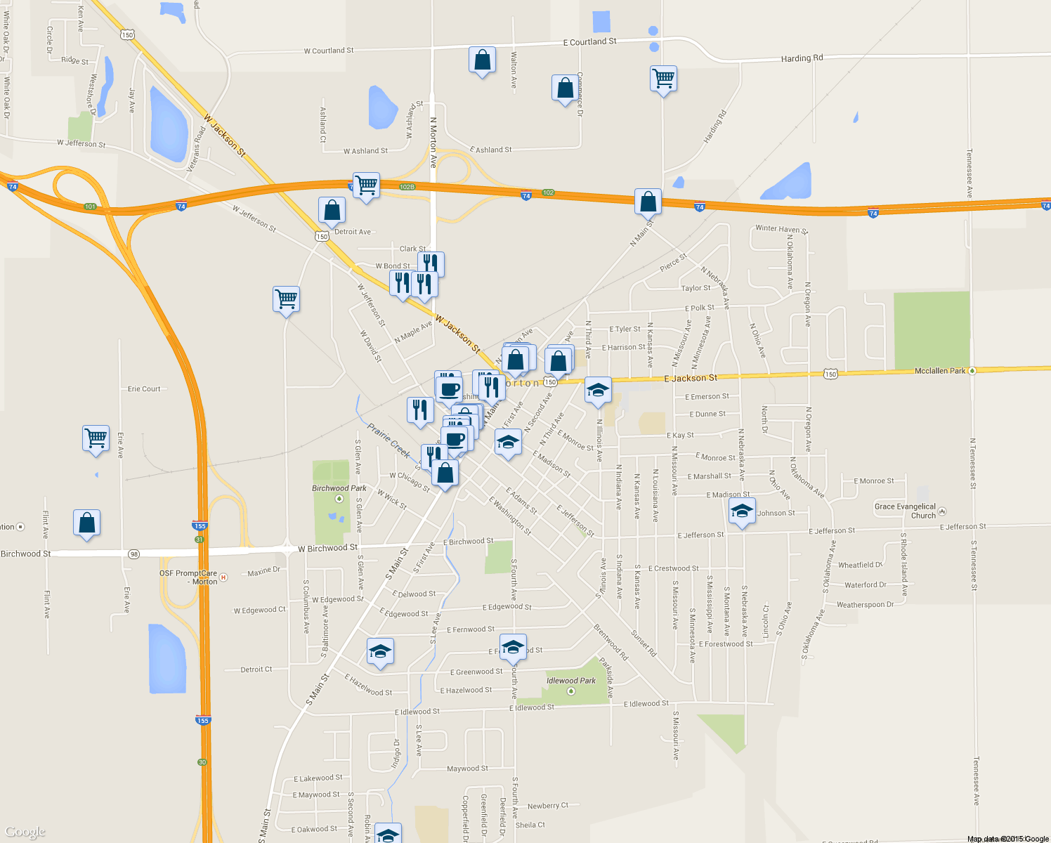 map of restaurants, bars, coffee shops, grocery stores, and more near 225 North Second Avenue in Morton