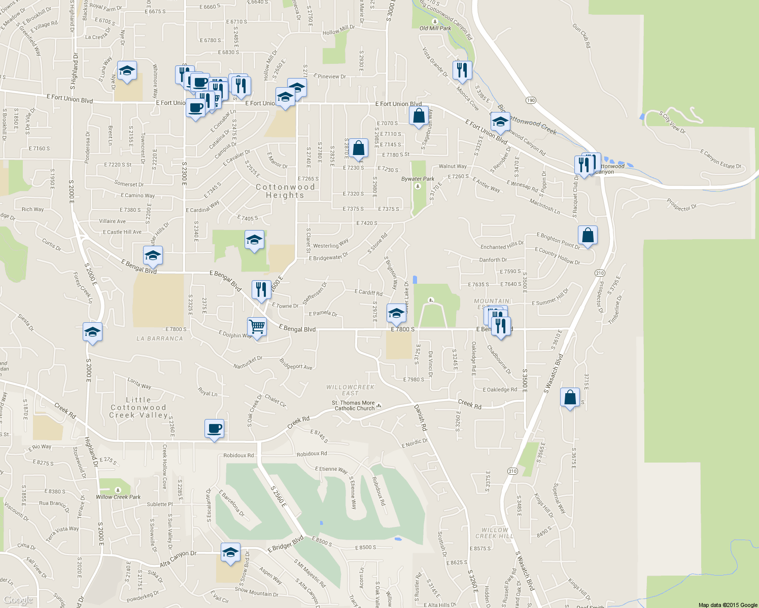 map of restaurants, bars, coffee shops, grocery stores, and more near 7723 Biscayne Drive in Cottonwood Heights