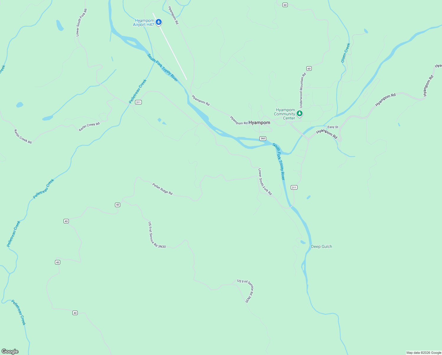 map of restaurants, bars, coffee shops, grocery stores, and more near Lower South Fork Road in Hyampom