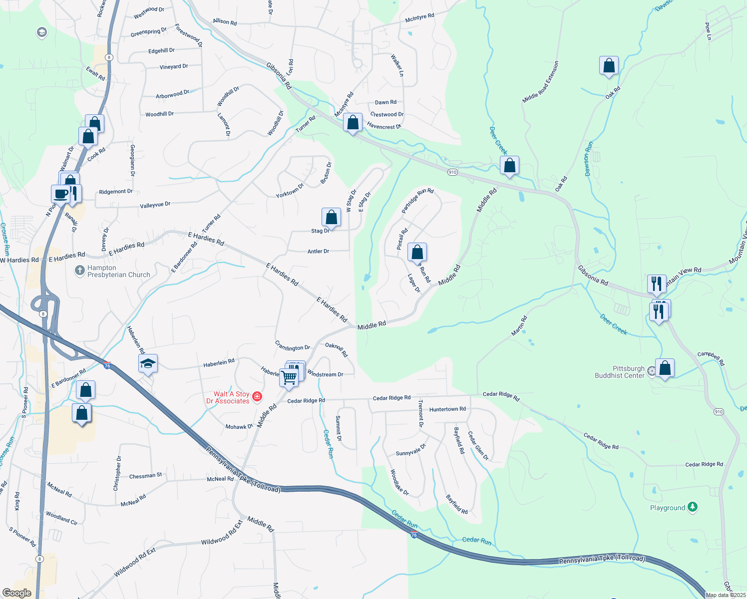 map of restaurants, bars, coffee shops, grocery stores, and more near 213 Lawrence Court in Gibsonia