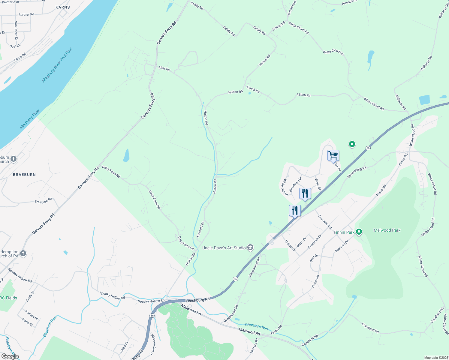 map of restaurants, bars, coffee shops, grocery stores, and more near 340 Hulton Road in New Kensington