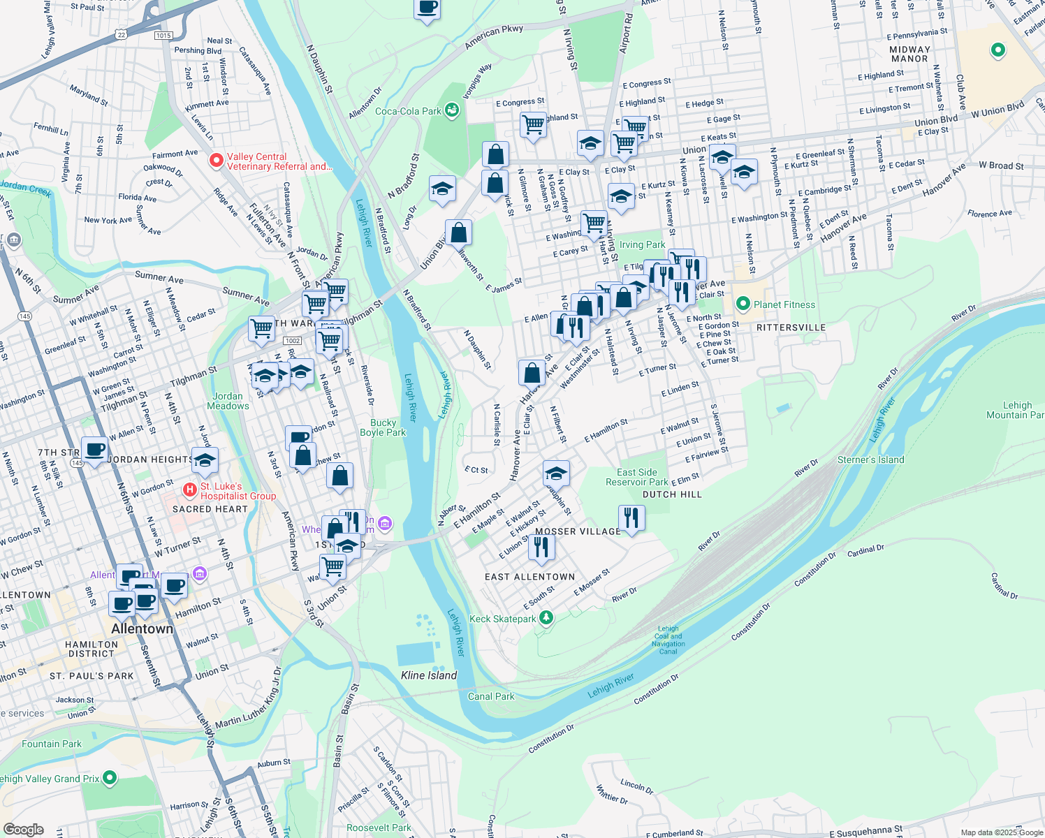 map of restaurants, bars, coffee shops, grocery stores, and more near 428 Hanover Avenue in Allentown