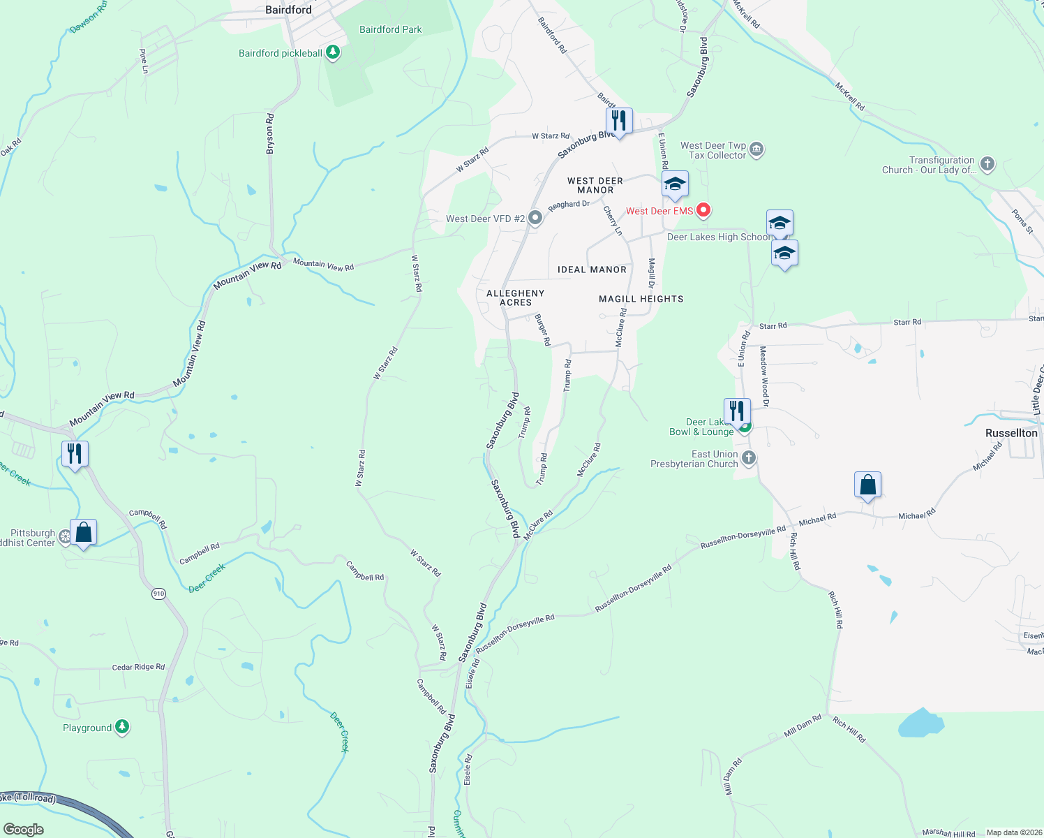 map of restaurants, bars, coffee shops, grocery stores, and more near 2291 Saxonburg Boulevard in Cheswick