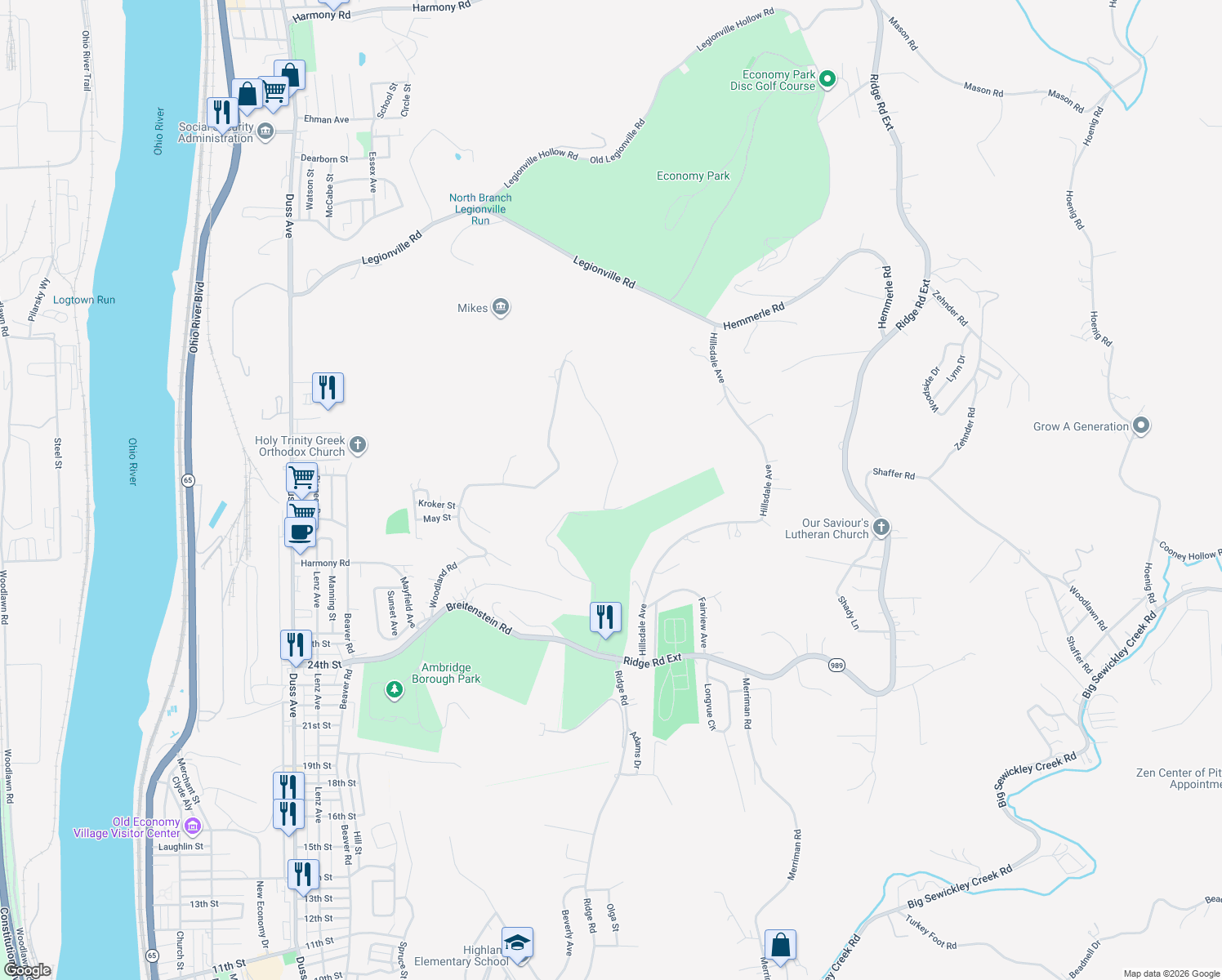 map of restaurants, bars, coffee shops, grocery stores, and more near 3055 Sylvan Road in Ambridge