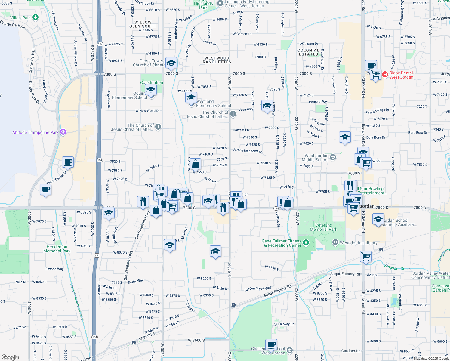 map of restaurants, bars, coffee shops, grocery stores, and more near 7655 William Circle in West Jordan