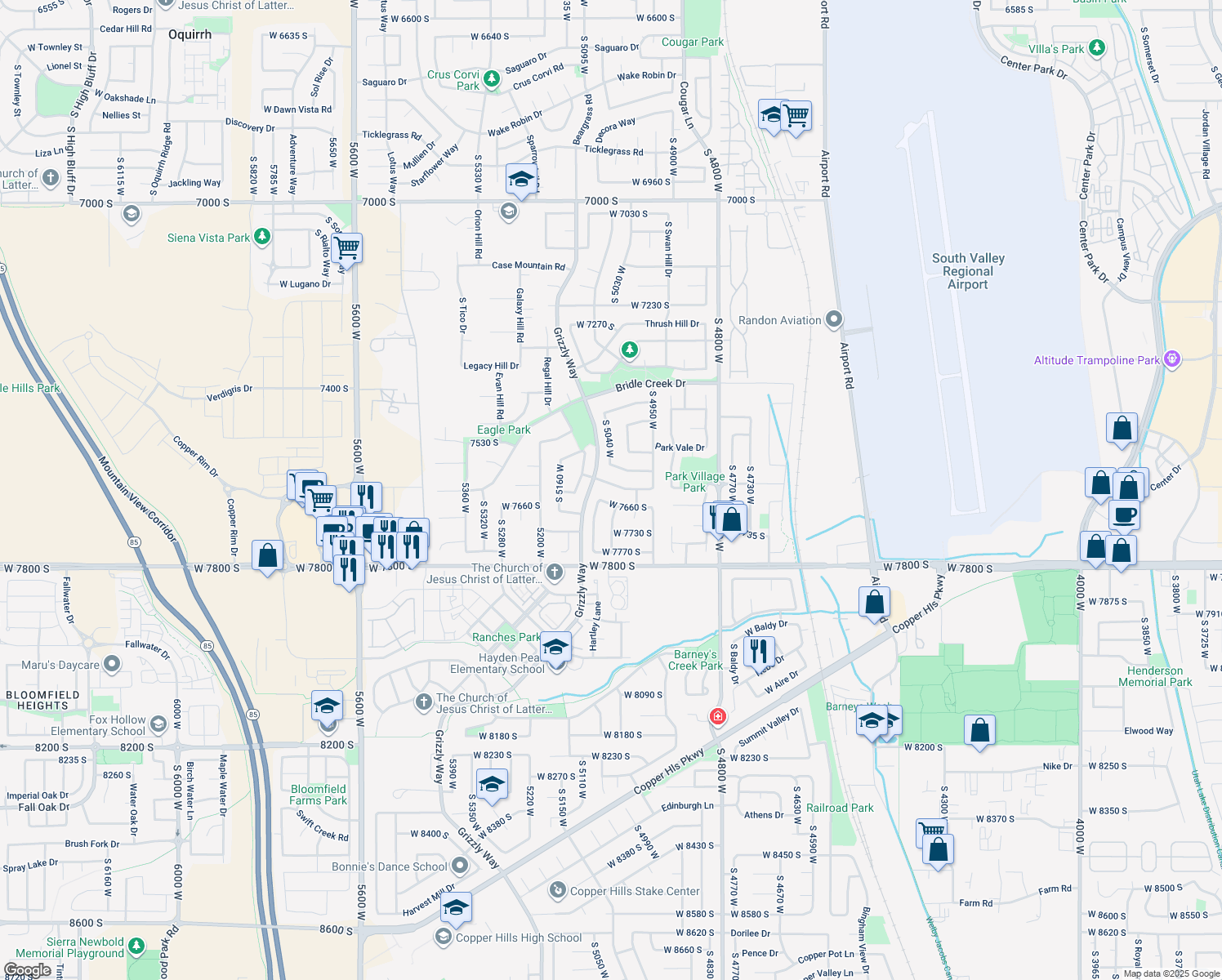 map of restaurants, bars, coffee shops, grocery stores, and more near 5037 Wood Spring Dr in West Jordan