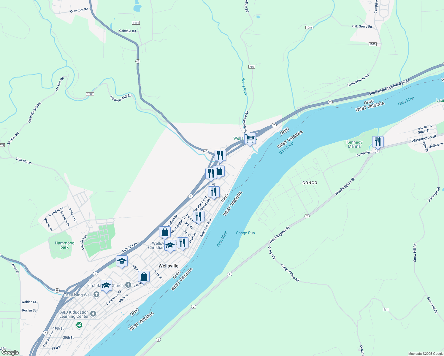 map of restaurants, bars, coffee shops, grocery stores, and more near 322 2nd Street in Wellsville