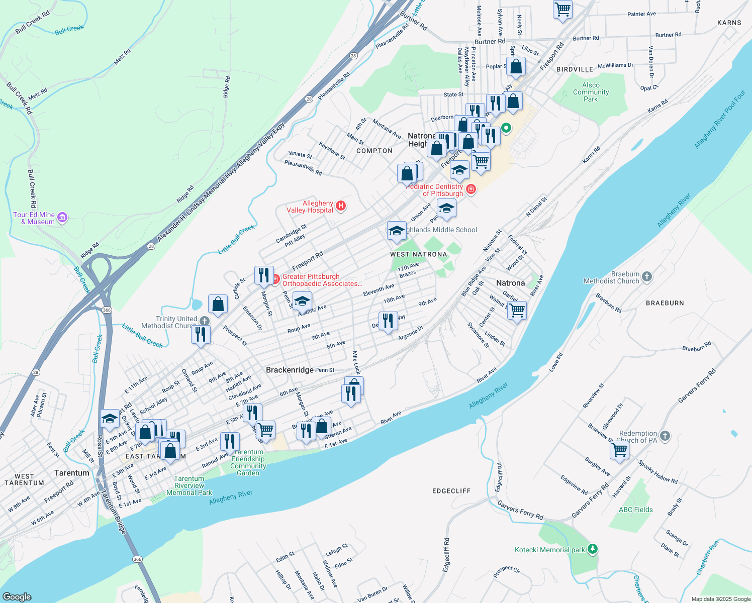map of restaurants, bars, coffee shops, grocery stores, and more near 1253 10th Avenue in Natrona Heights
