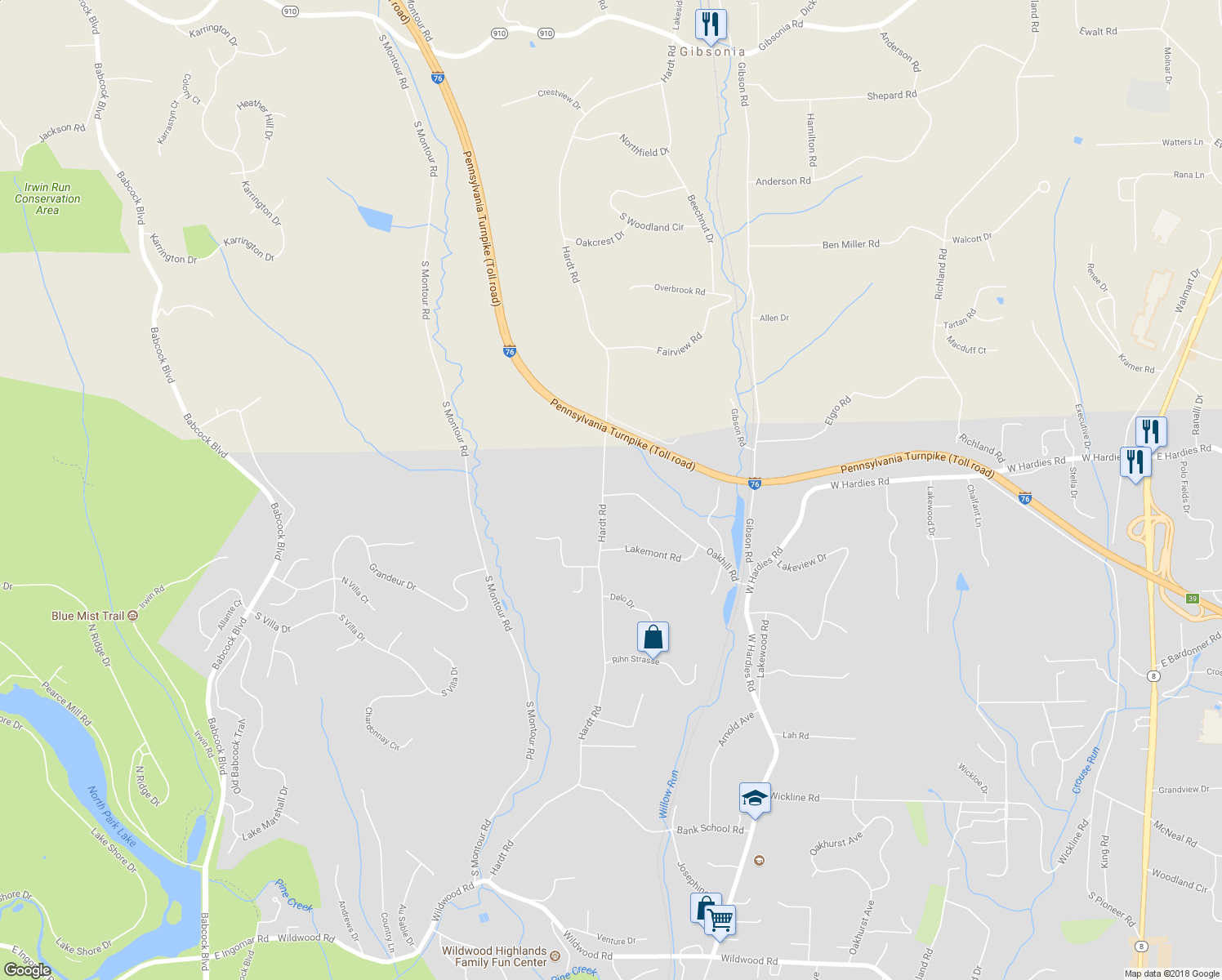 map of restaurants, bars, coffee shops, grocery stores, and more near 5182 Hardt Road in Gibsonia