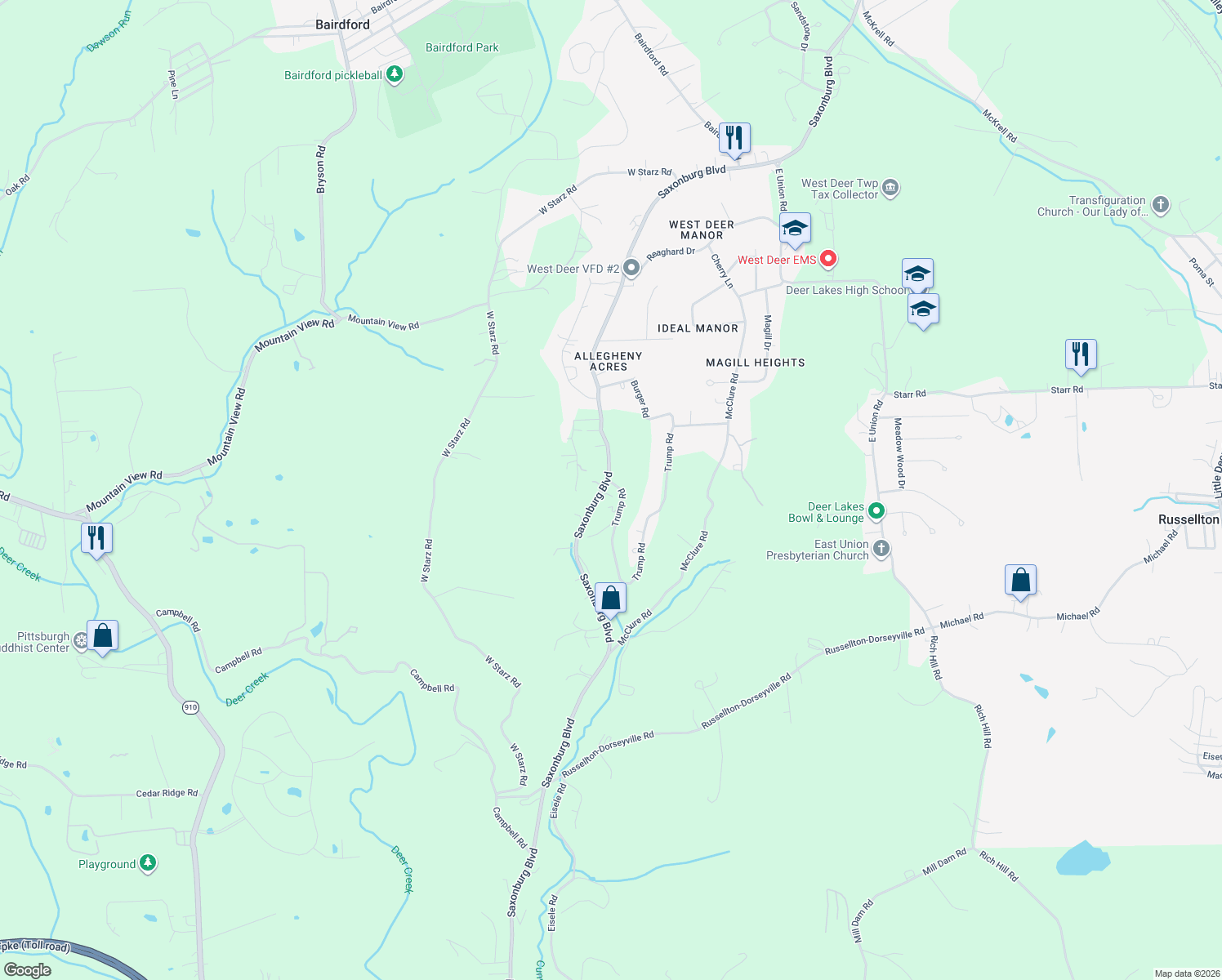 map of restaurants, bars, coffee shops, grocery stores, and more near 2291 Saxonburg Boulevard in Cheswick