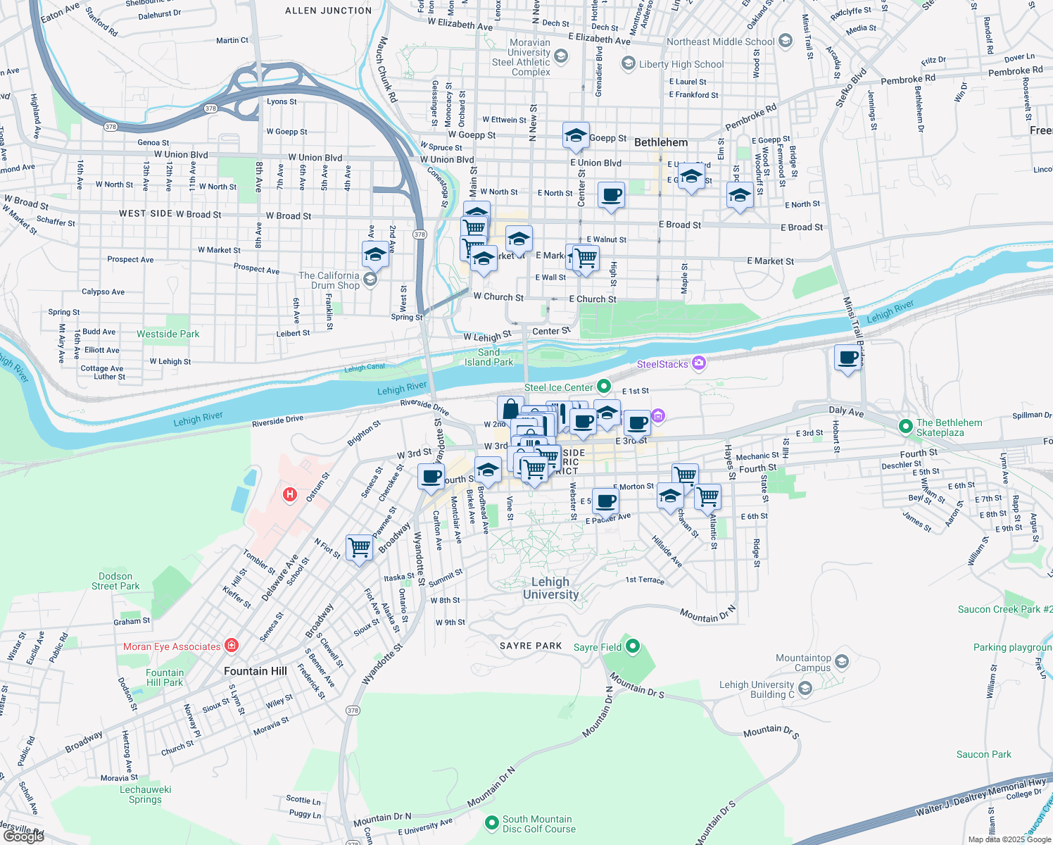 map of restaurants, bars, coffee shops, grocery stores, and more near 206 S New St in Bethlehem