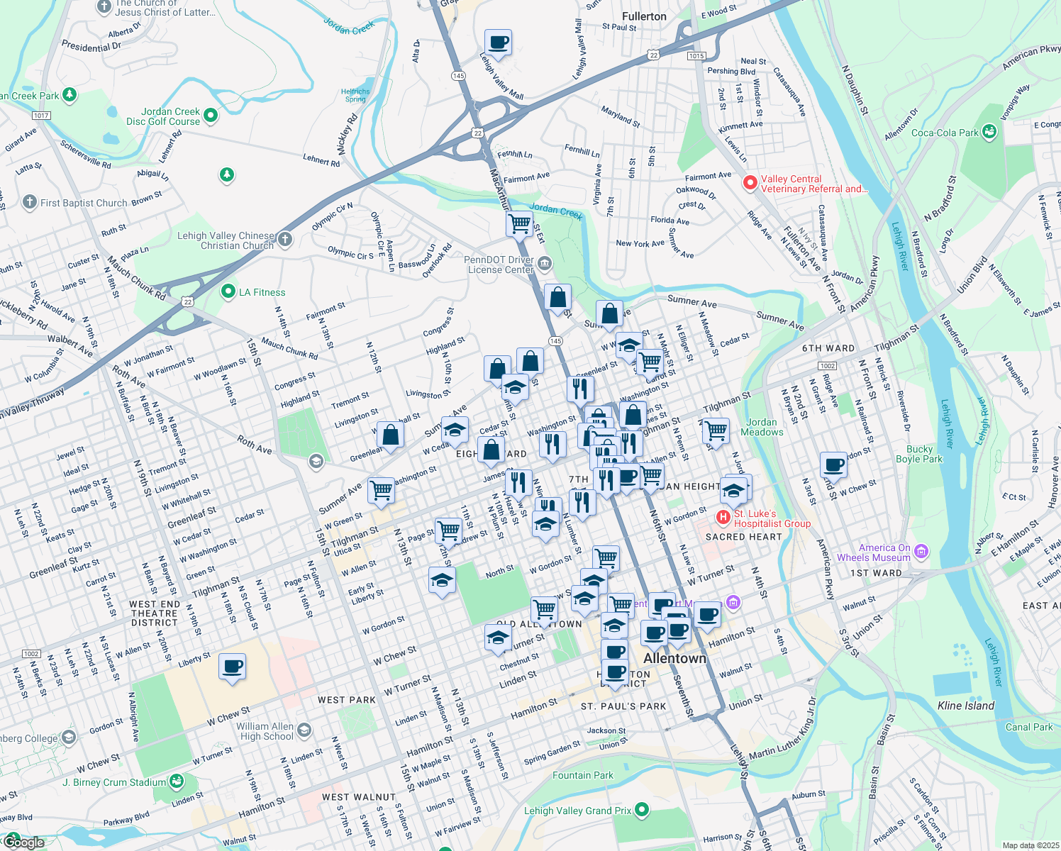 map of restaurants, bars, coffee shops, grocery stores, and more near 824 West Carrott Street in Allentown