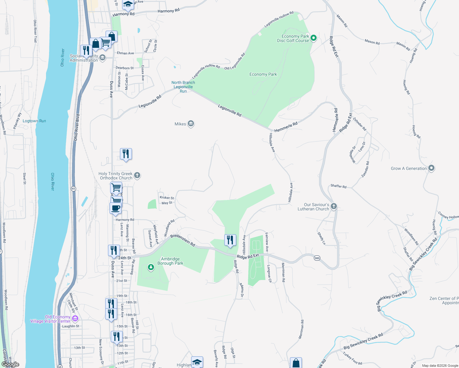 map of restaurants, bars, coffee shops, grocery stores, and more near 3055 Sylvan Road in Ambridge