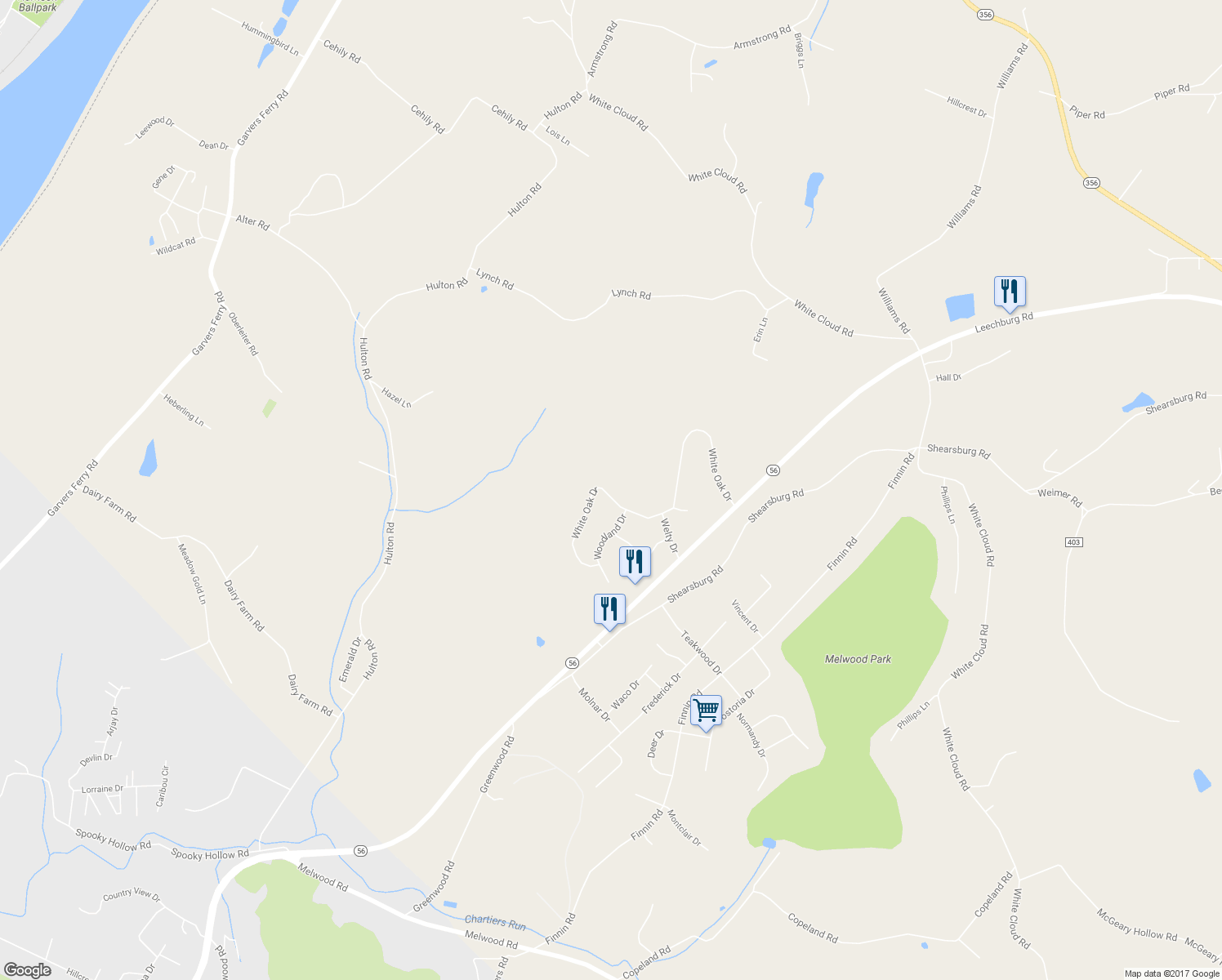 map of restaurants, bars, coffee shops, grocery stores, and more near 230 White Oak Drive in New Kensington