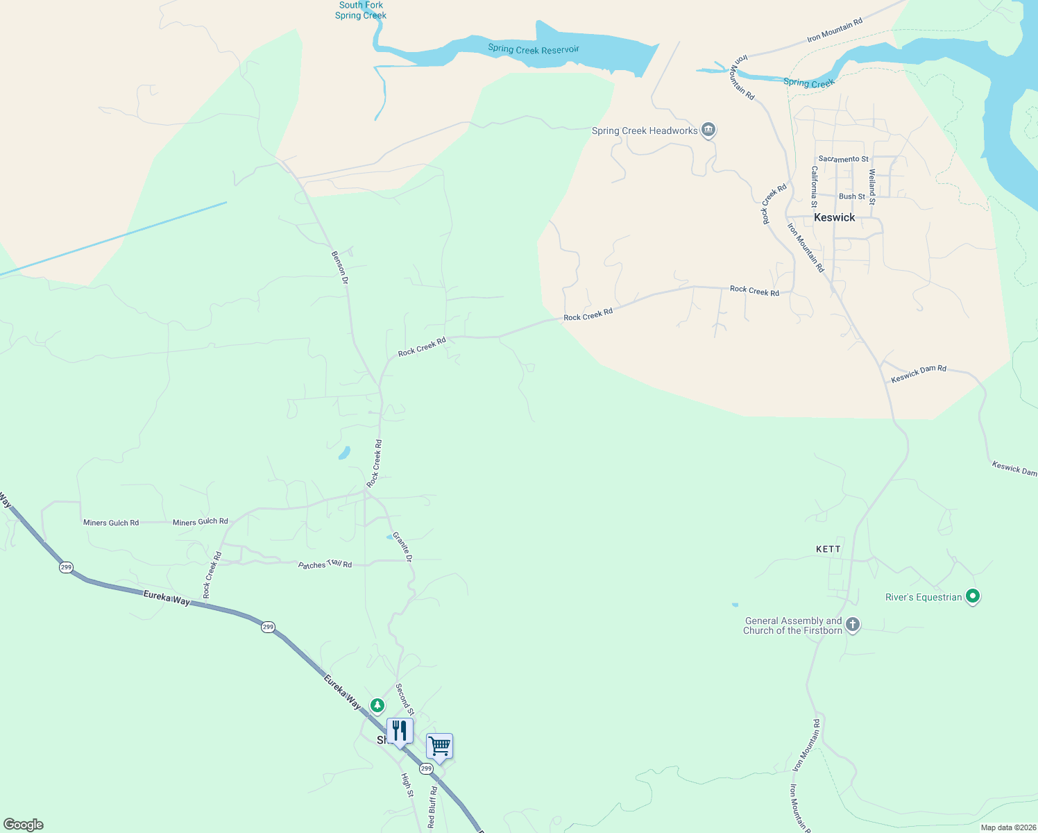 map of restaurants, bars, coffee shops, grocery stores, and more near 11237 Gold Spring Place in Shasta