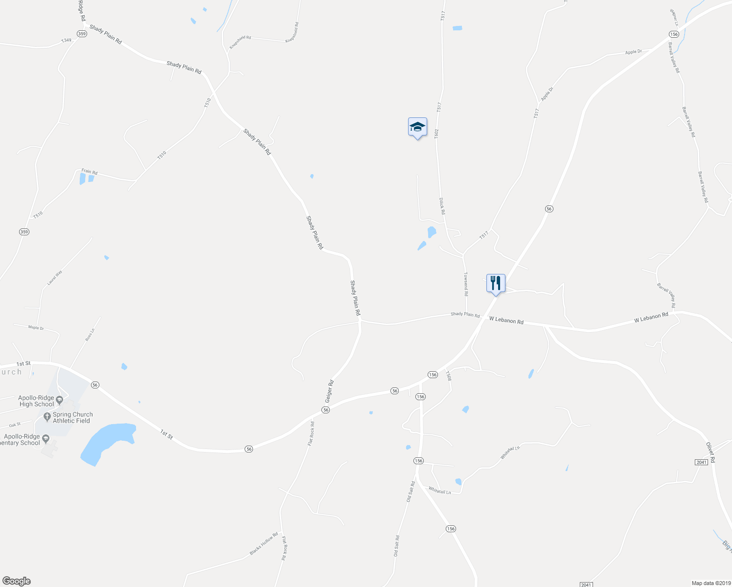 map of restaurants, bars, coffee shops, grocery stores, and more near 1731 Shady Plain Road in Apollo