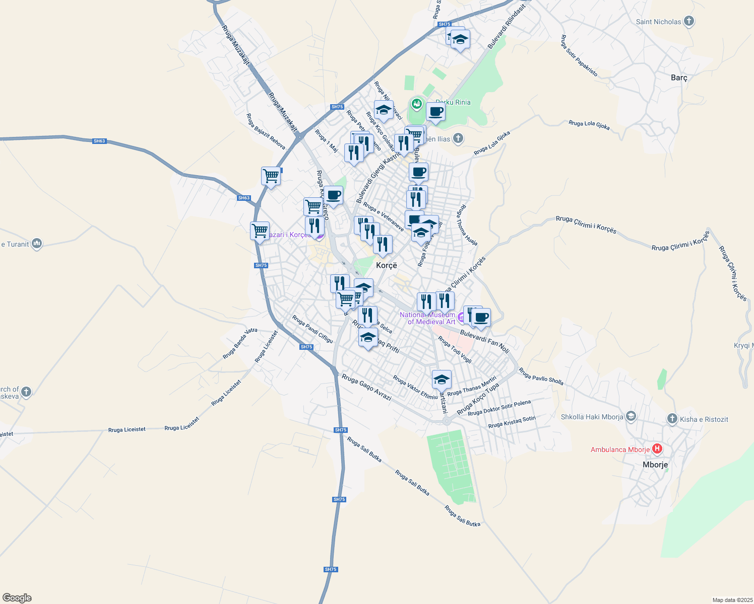 map of restaurants, bars, coffee shops, grocery stores, and more near Rruga Emin Duraku in Korçë