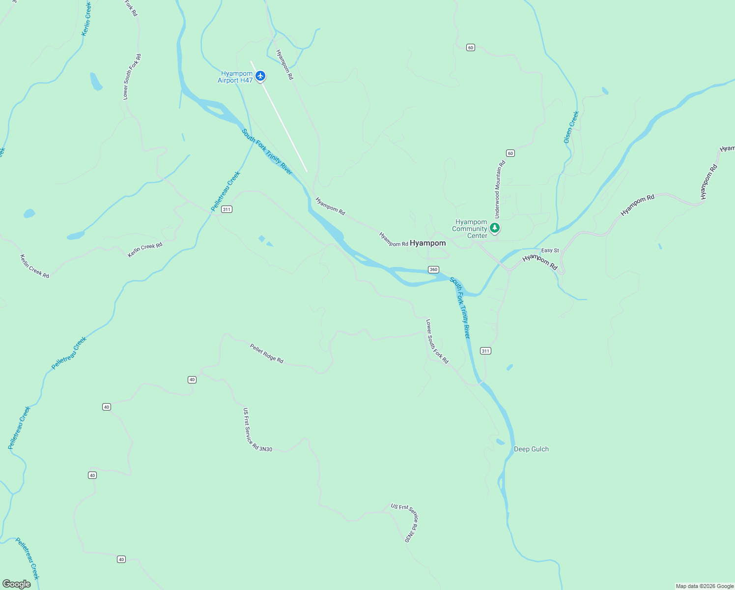 map of restaurants, bars, coffee shops, grocery stores, and more near 1341 Lower South Fork Road in Hyampom