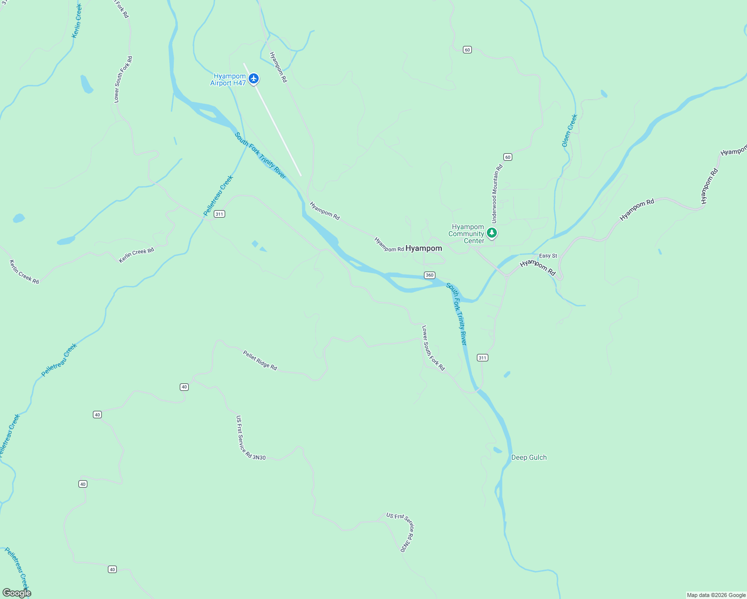 map of restaurants, bars, coffee shops, grocery stores, and more near 1341 Lower South Fork Road in Hyampom