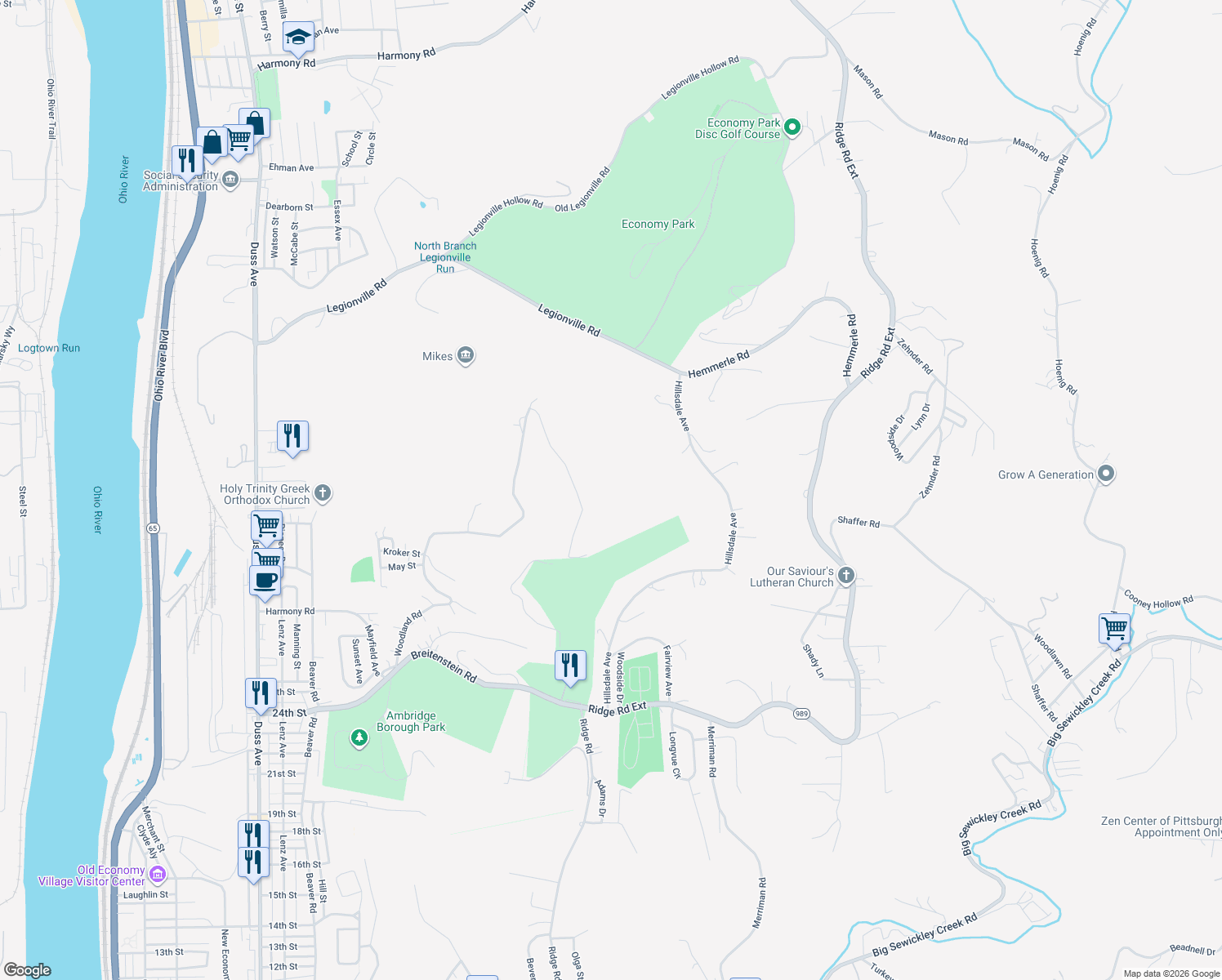 map of restaurants, bars, coffee shops, grocery stores, and more near 3071 Sylvan Rd in Ambridge