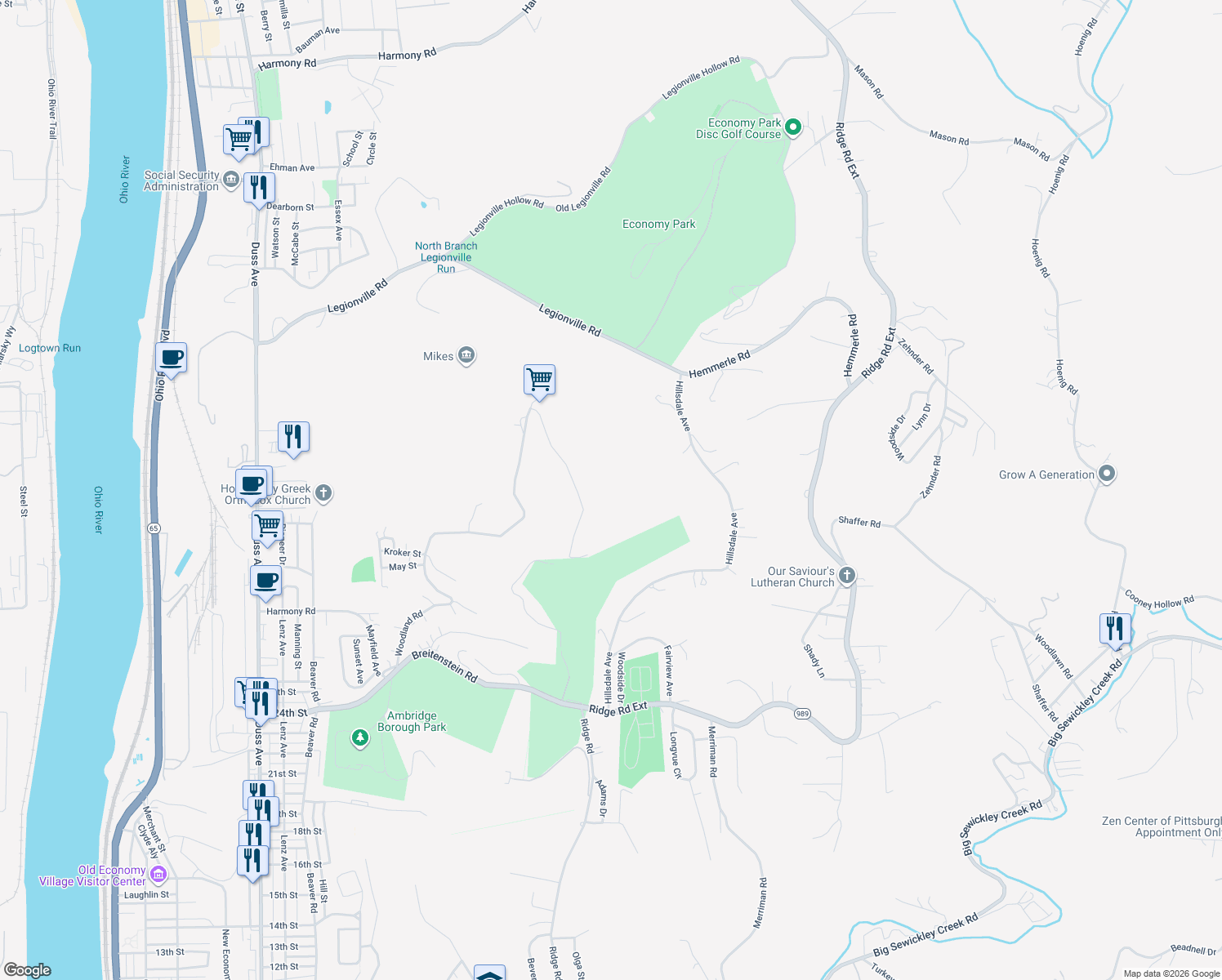 map of restaurants, bars, coffee shops, grocery stores, and more near 3071 Sylvan Road in Ambridge
