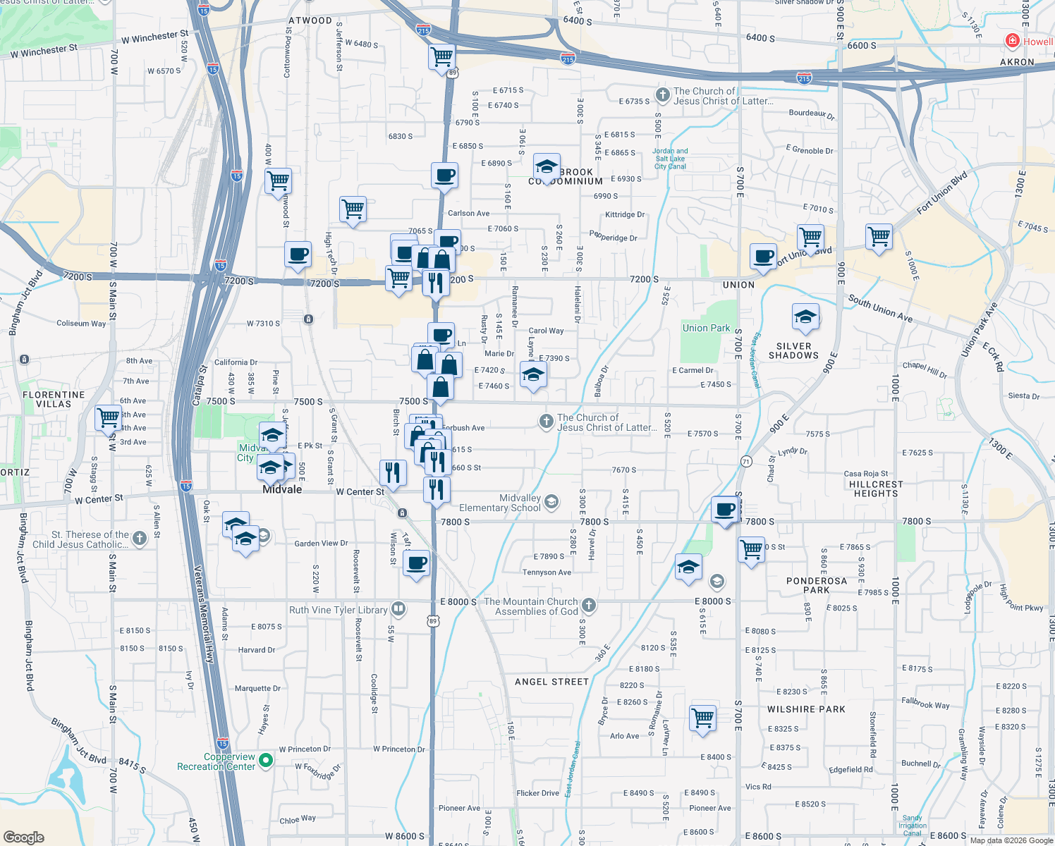 map of restaurants, bars, coffee shops, grocery stores, and more near 201 Forbush Avenue in Midvale