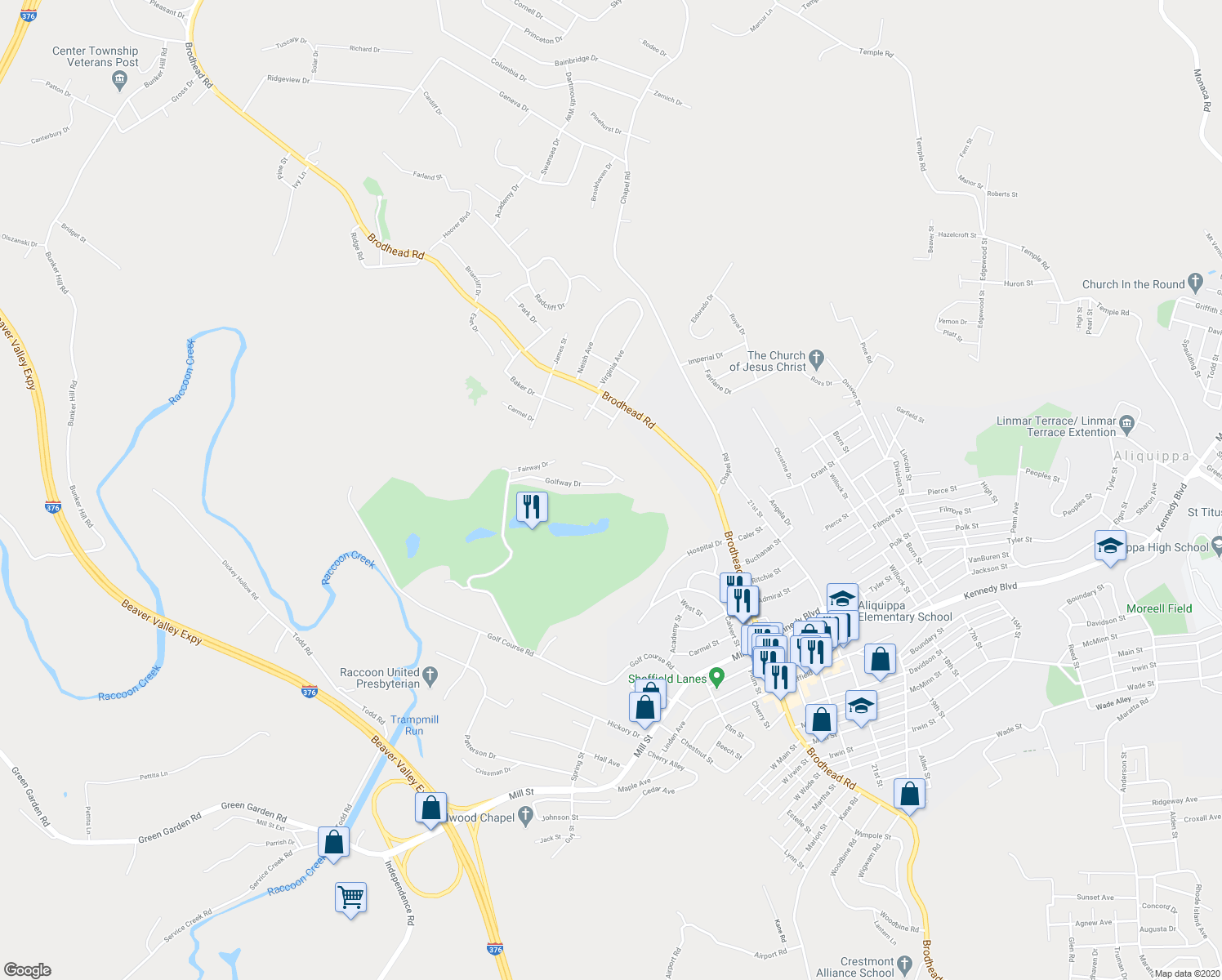 map of restaurants, bars, coffee shops, grocery stores, and more near 2032 Golfway Drive in Aliquippa