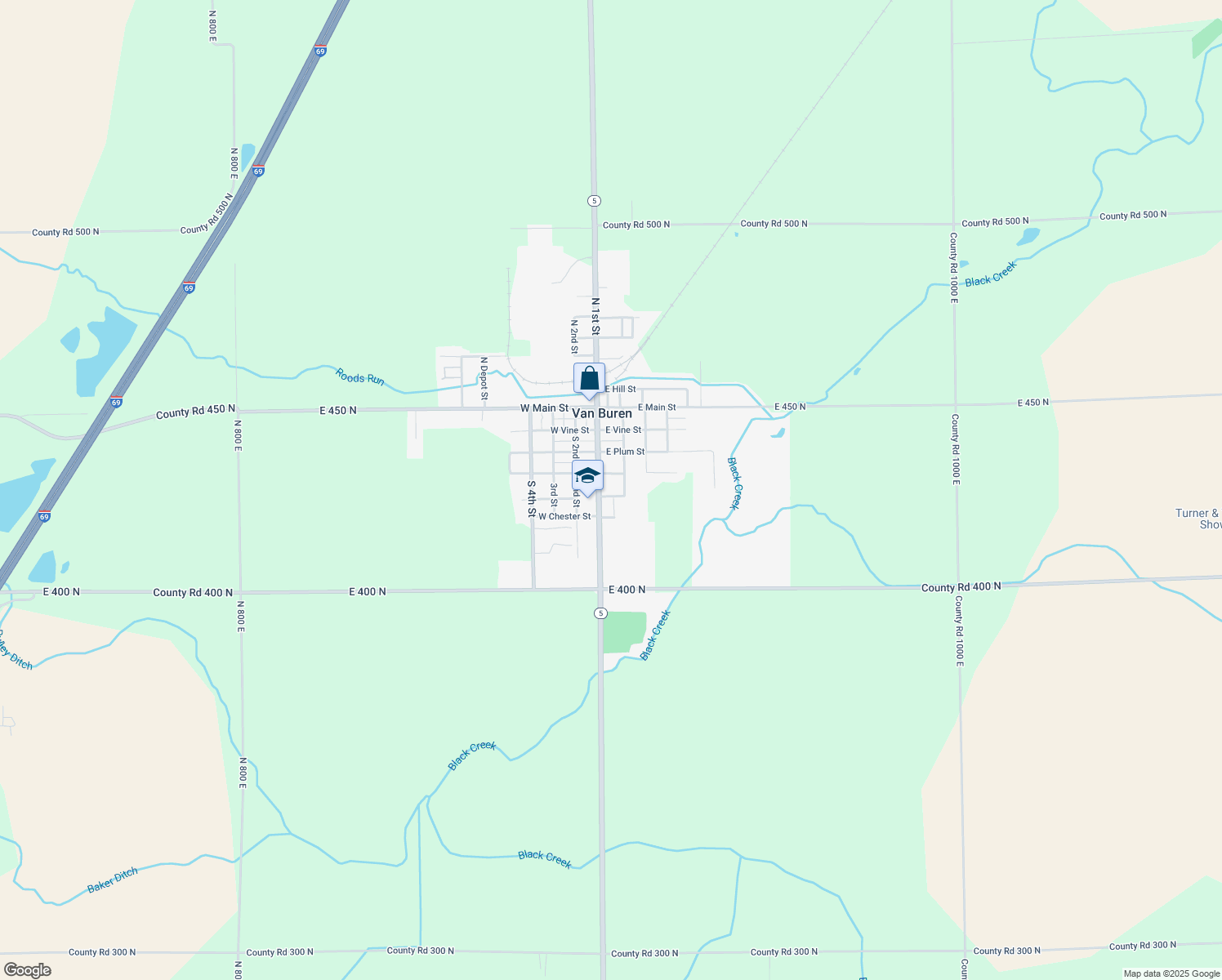 map of restaurants, bars, coffee shops, grocery stores, and more near 107 E Park St in Van Buren