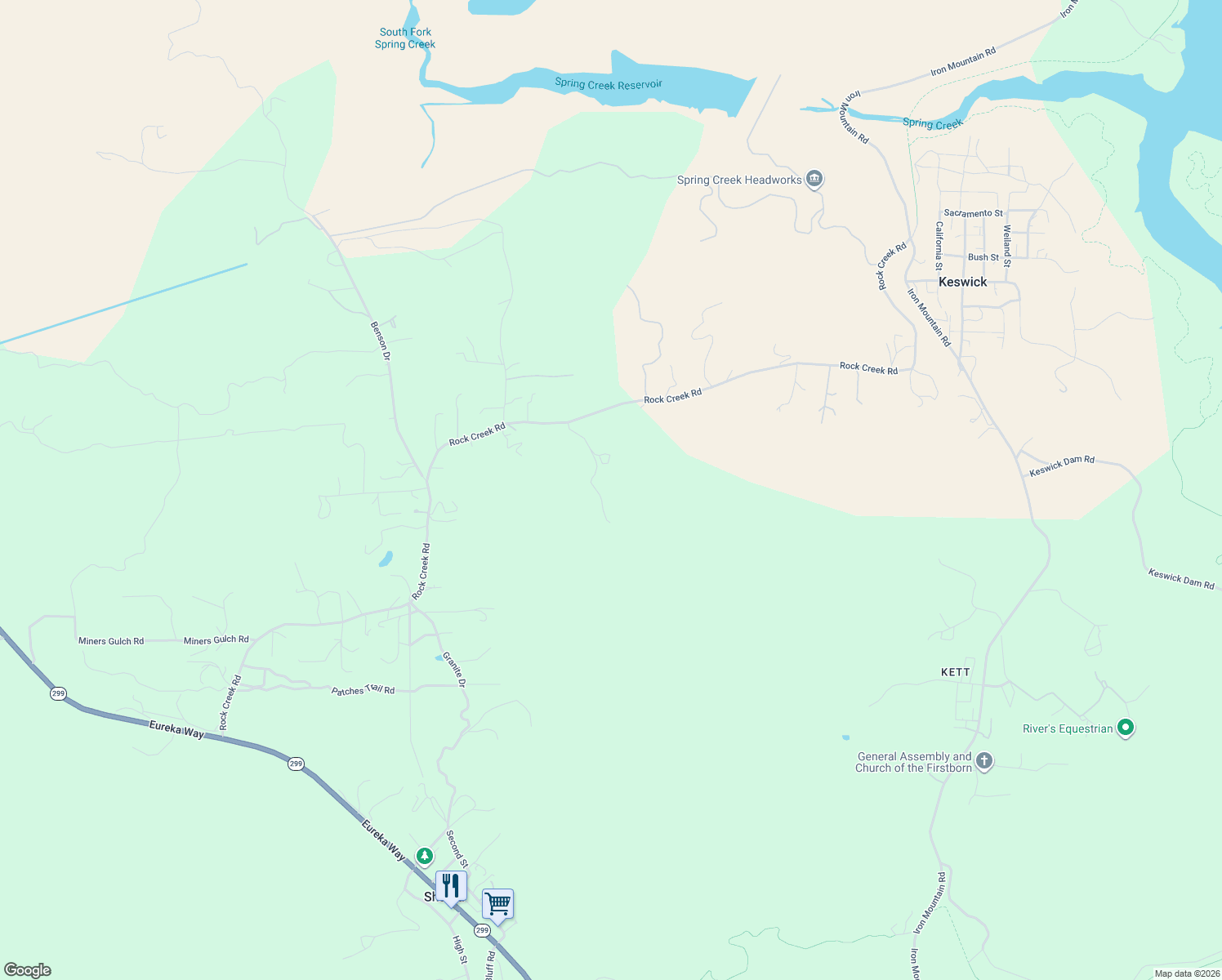map of restaurants, bars, coffee shops, grocery stores, and more near 11237 Gold Spring Place in Shasta