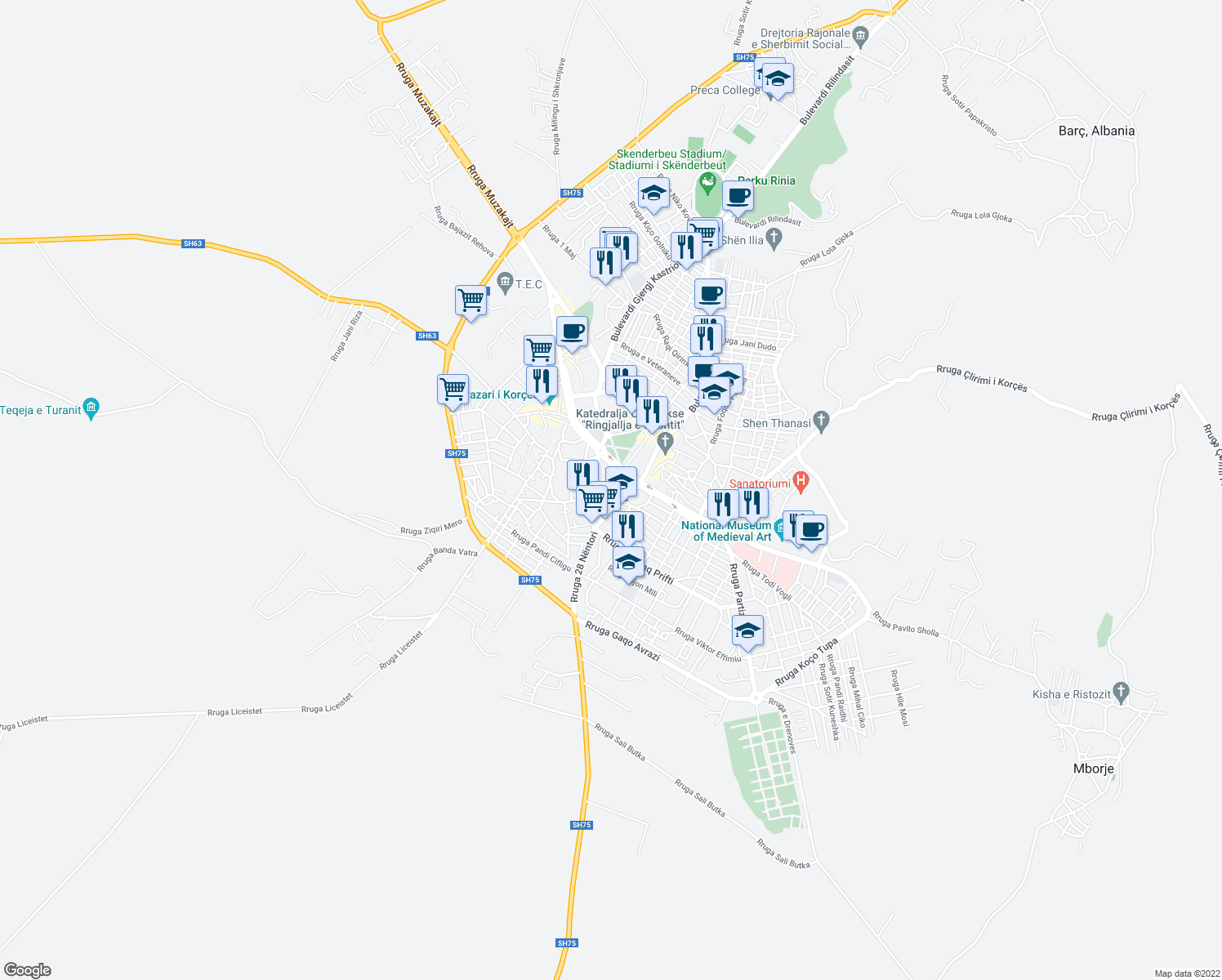 map of restaurants, bars, coffee shops, grocery stores, and more near Rruga 6 Deshmoret in Korçë