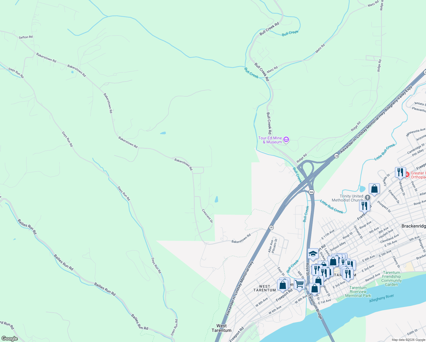 map of restaurants, bars, coffee shops, grocery stores, and more near 312 Mechling Street in Tarentum