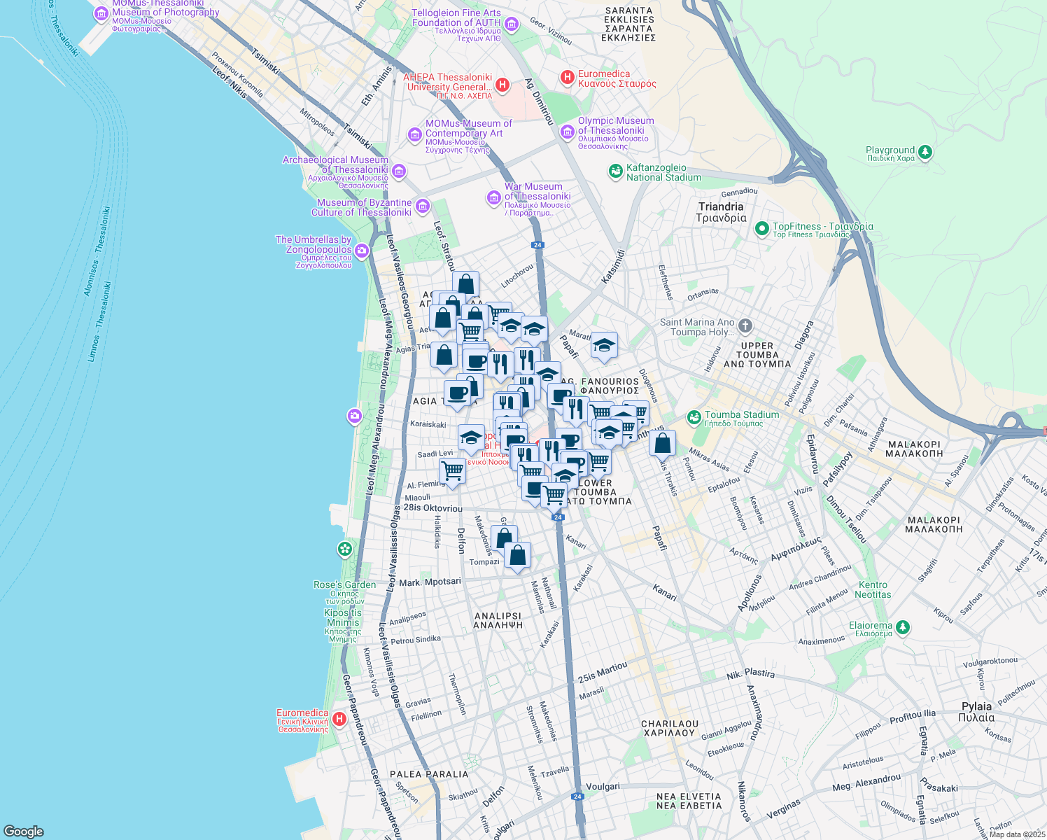map of restaurants, bars, coffee shops, grocery stores, and more near in Thessaloniki