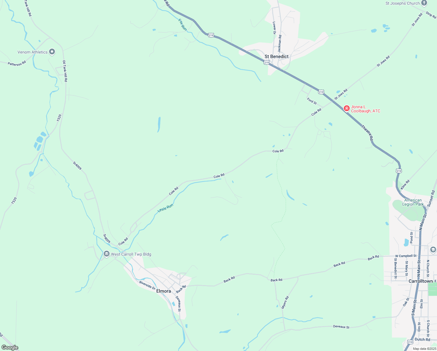 map of restaurants, bars, coffee shops, grocery stores, and more near 599 Cole Rd in Carrolltown